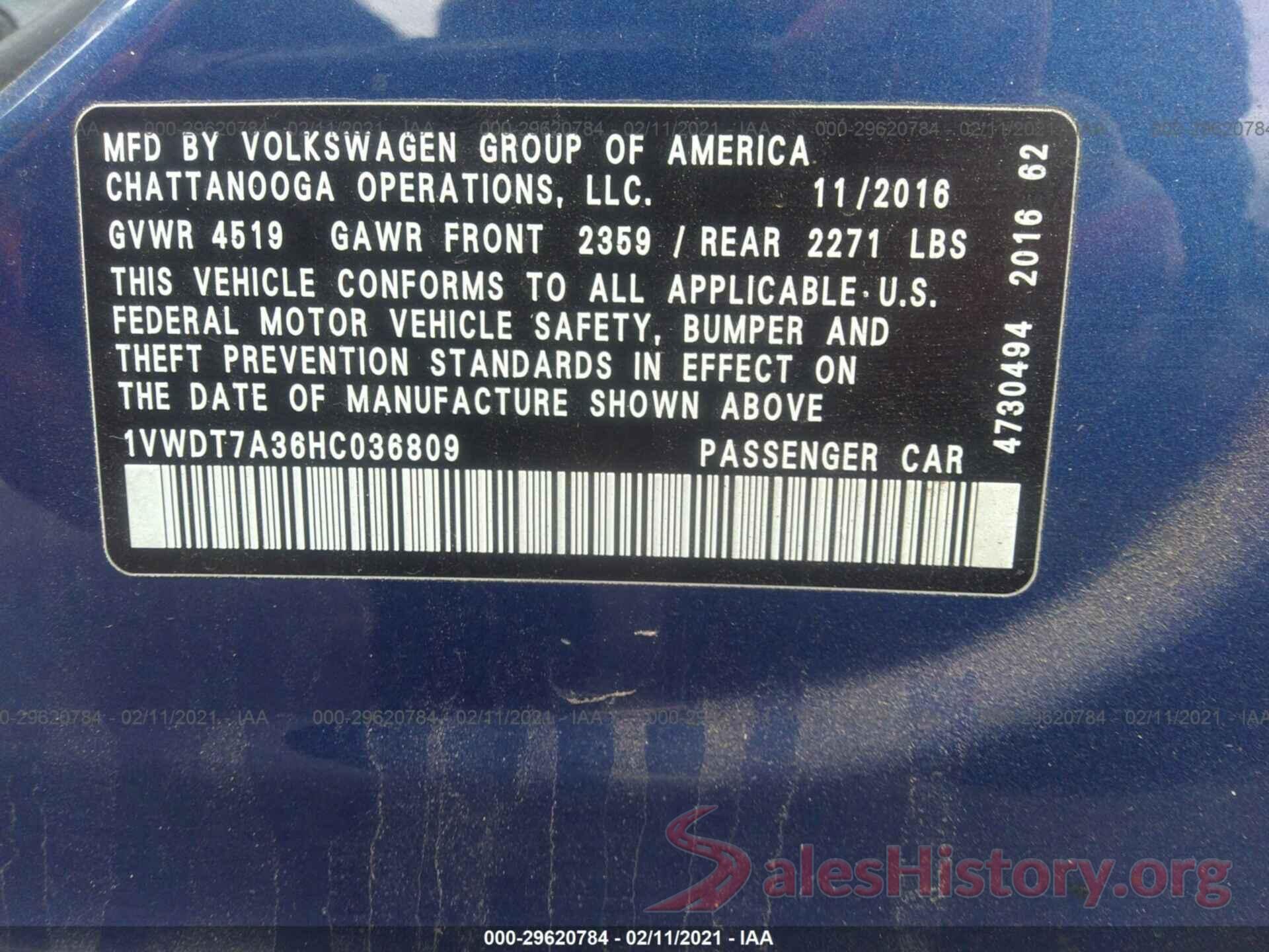 1VWDT7A36HC036809 2017 VOLKSWAGEN PASSAT