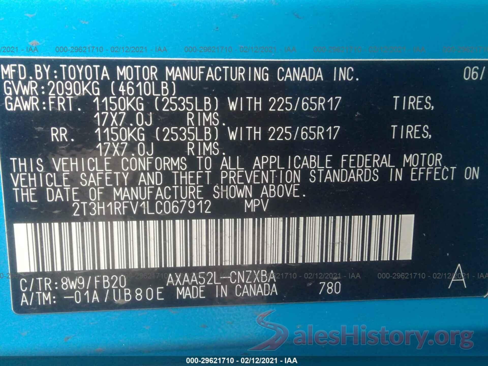 2T3H1RFV1LC067912 2020 TOYOTA RAV4