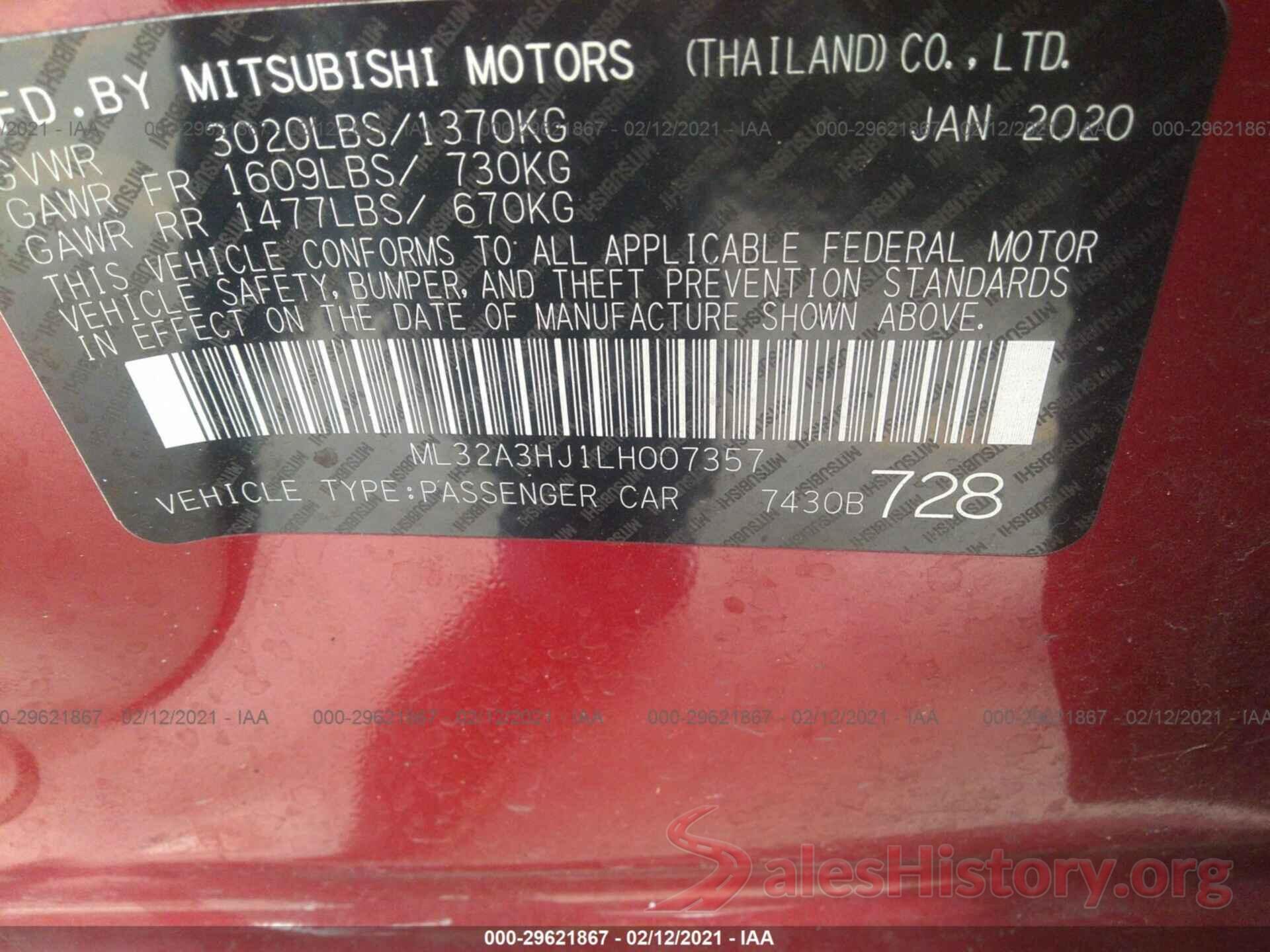 ML32A3HJ1LH007357 2020 MITSUBISHI MIRAGE