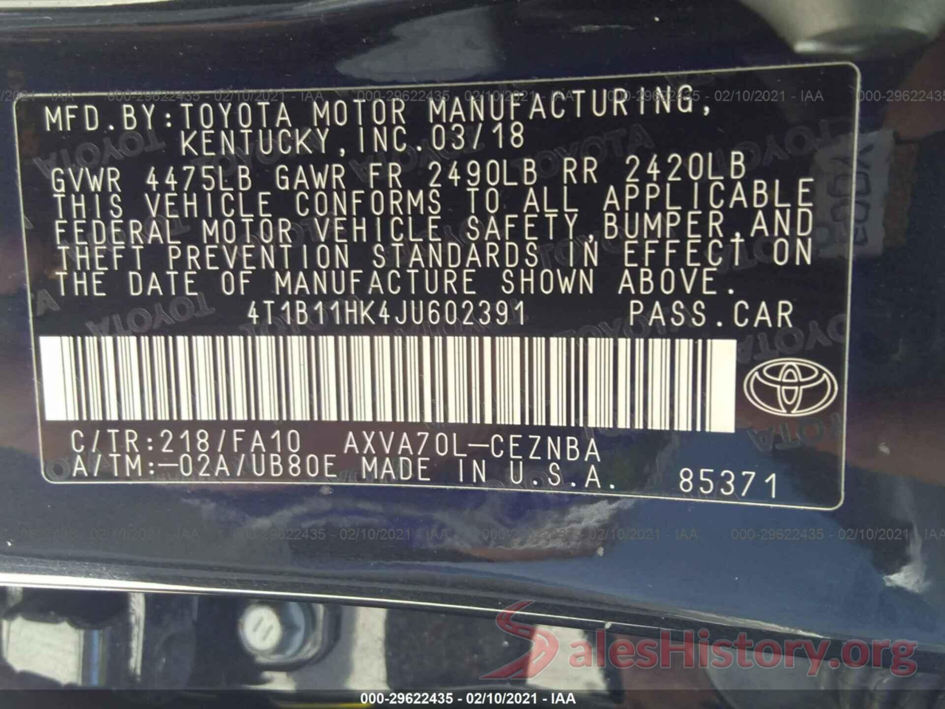 4T1B11HK4JU602391 2018 TOYOTA CAMRY