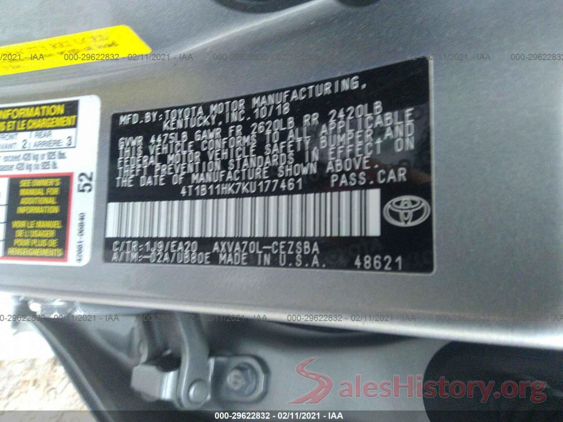 4T1B11HK7KU177461 2019 TOYOTA CAMRY