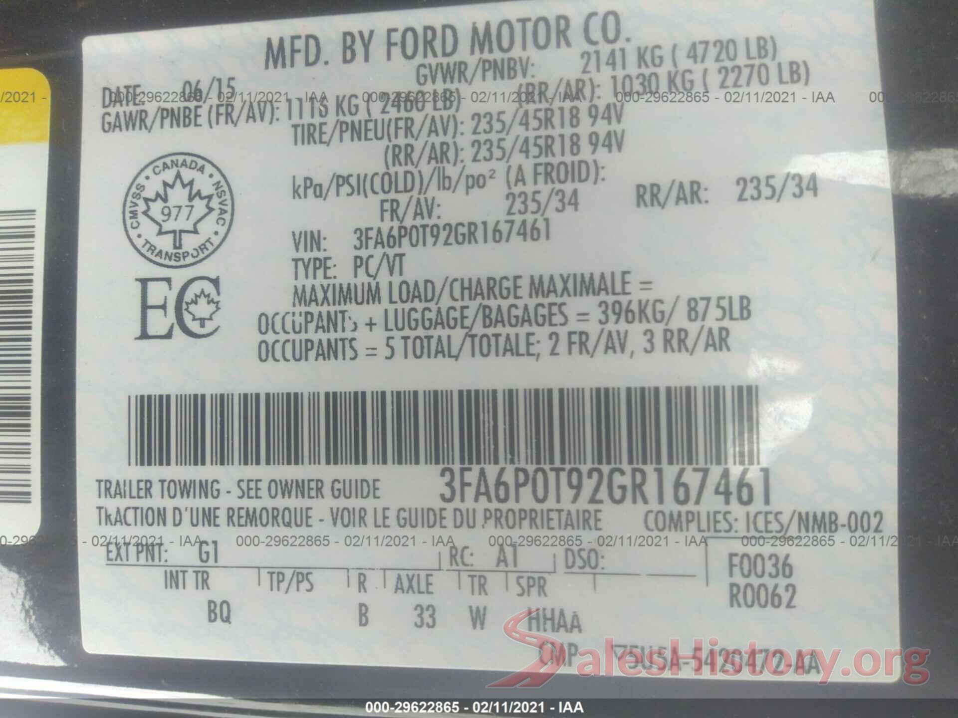 3FA6P0T92GR167461 2016 FORD FUSION