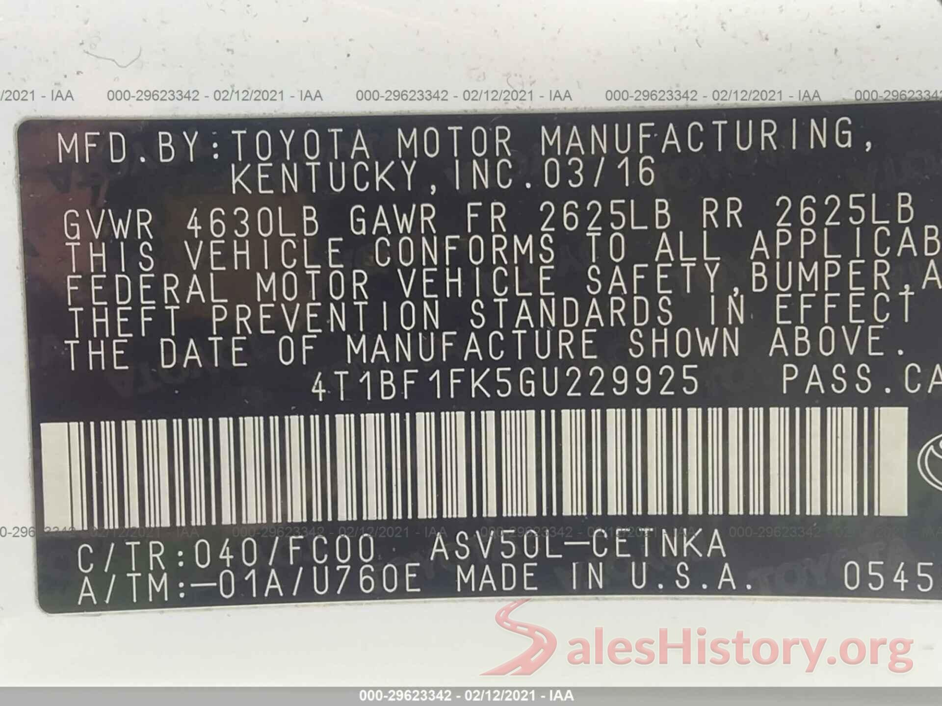 4T1BF1FK5GU229925 2016 TOYOTA CAMRY