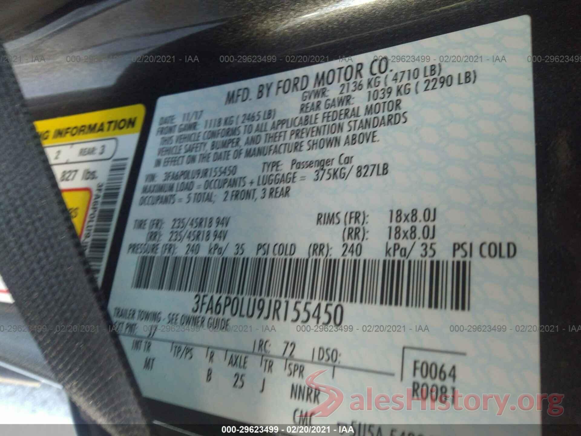 3FA6P0LU9JR155450 2018 FORD FUSION HYBRID