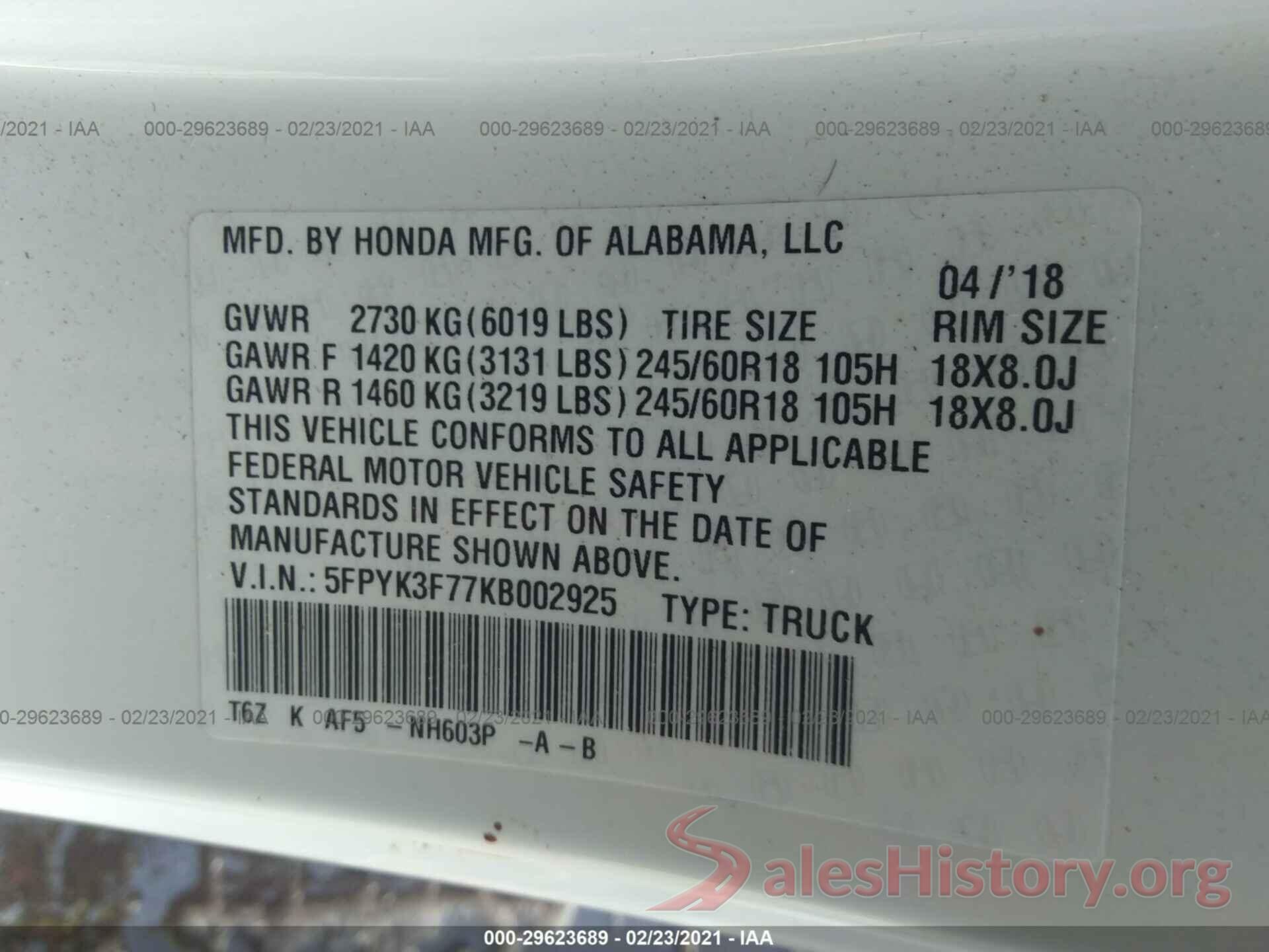 5FPYK3F77KB002925 2019 HONDA RIDGELINE