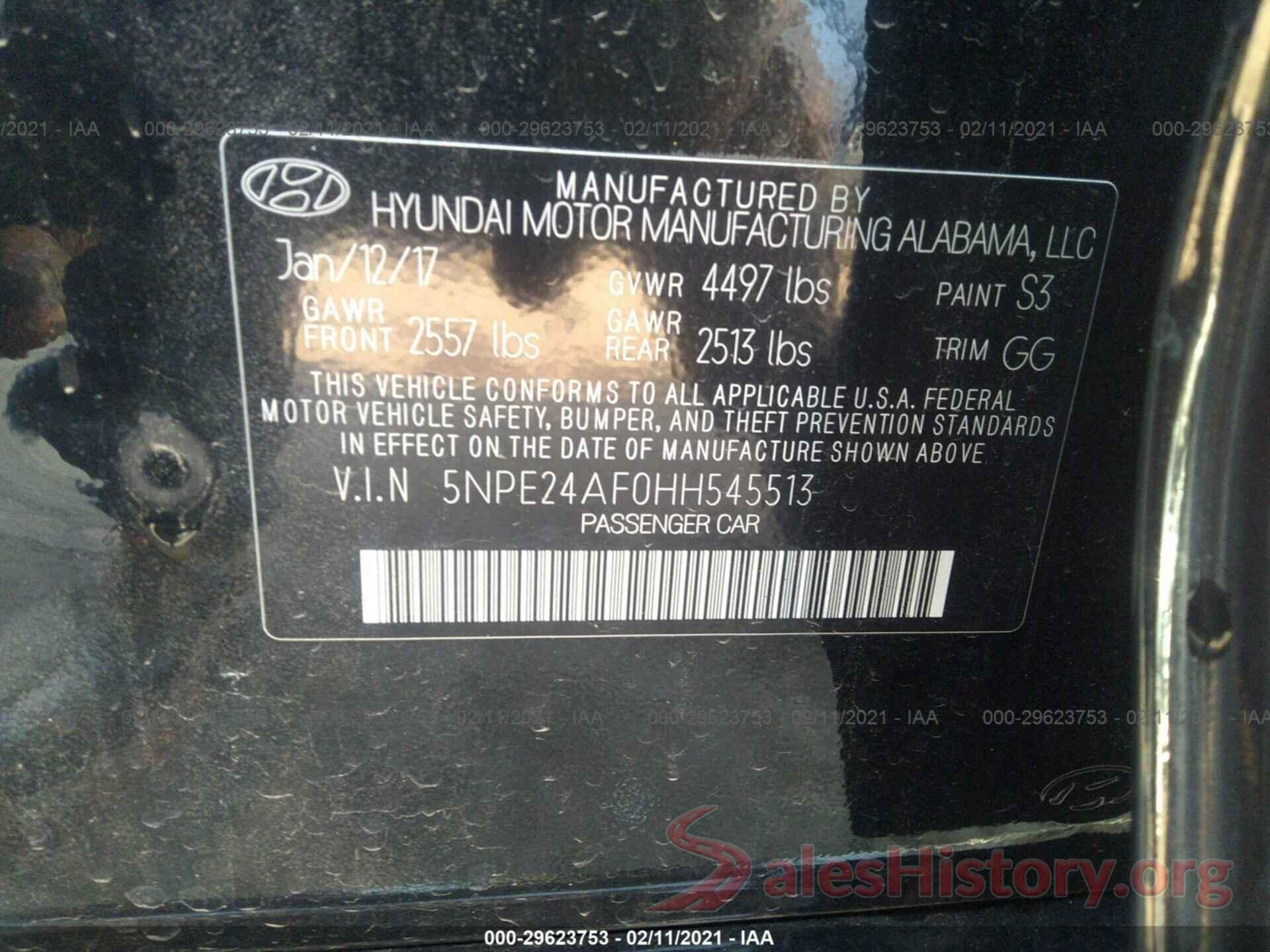 5NPE24AF0HH545513 2017 HYUNDAI SONATA