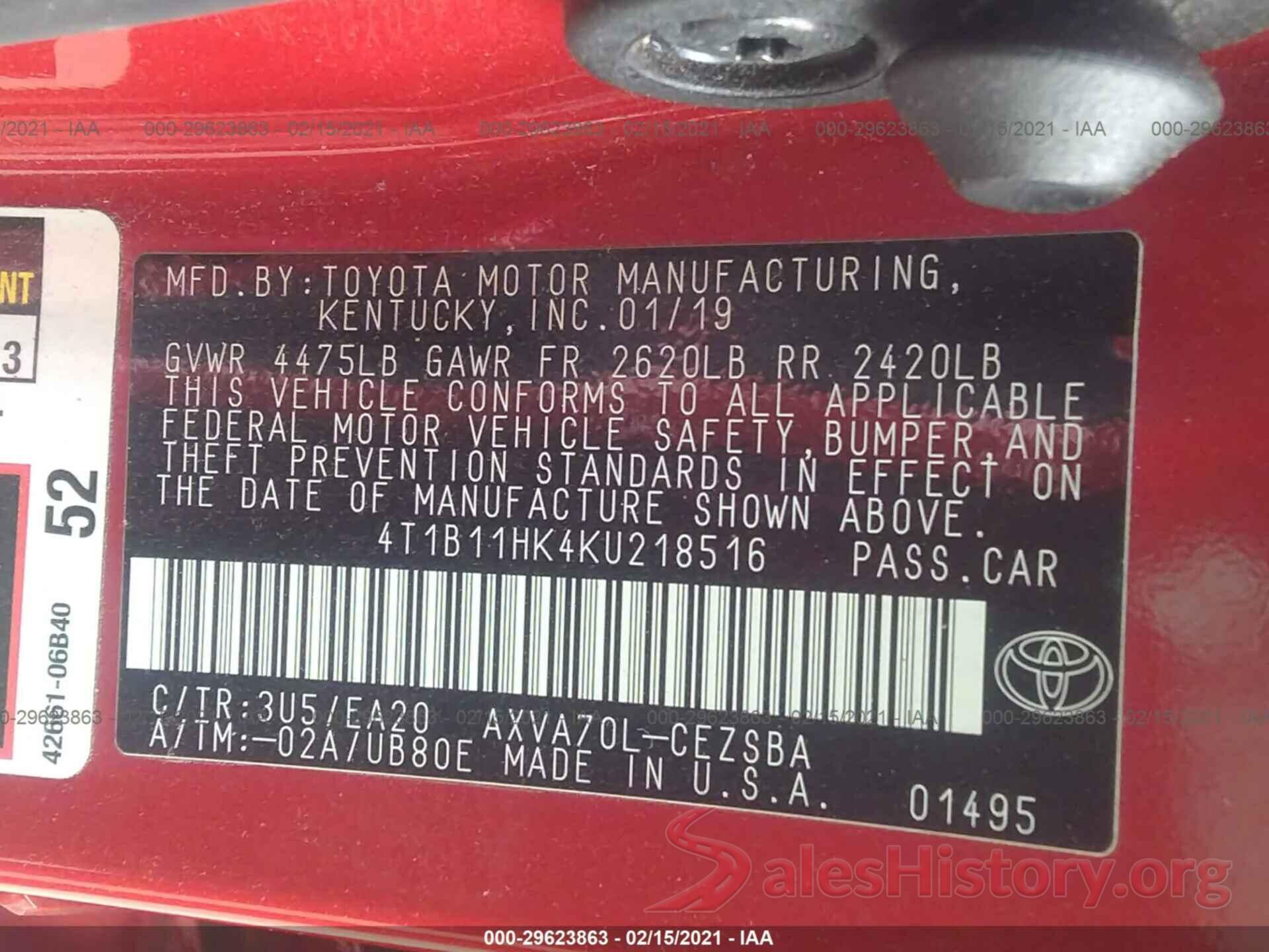 4T1B11HK4KU218516 2019 TOYOTA CAMRY