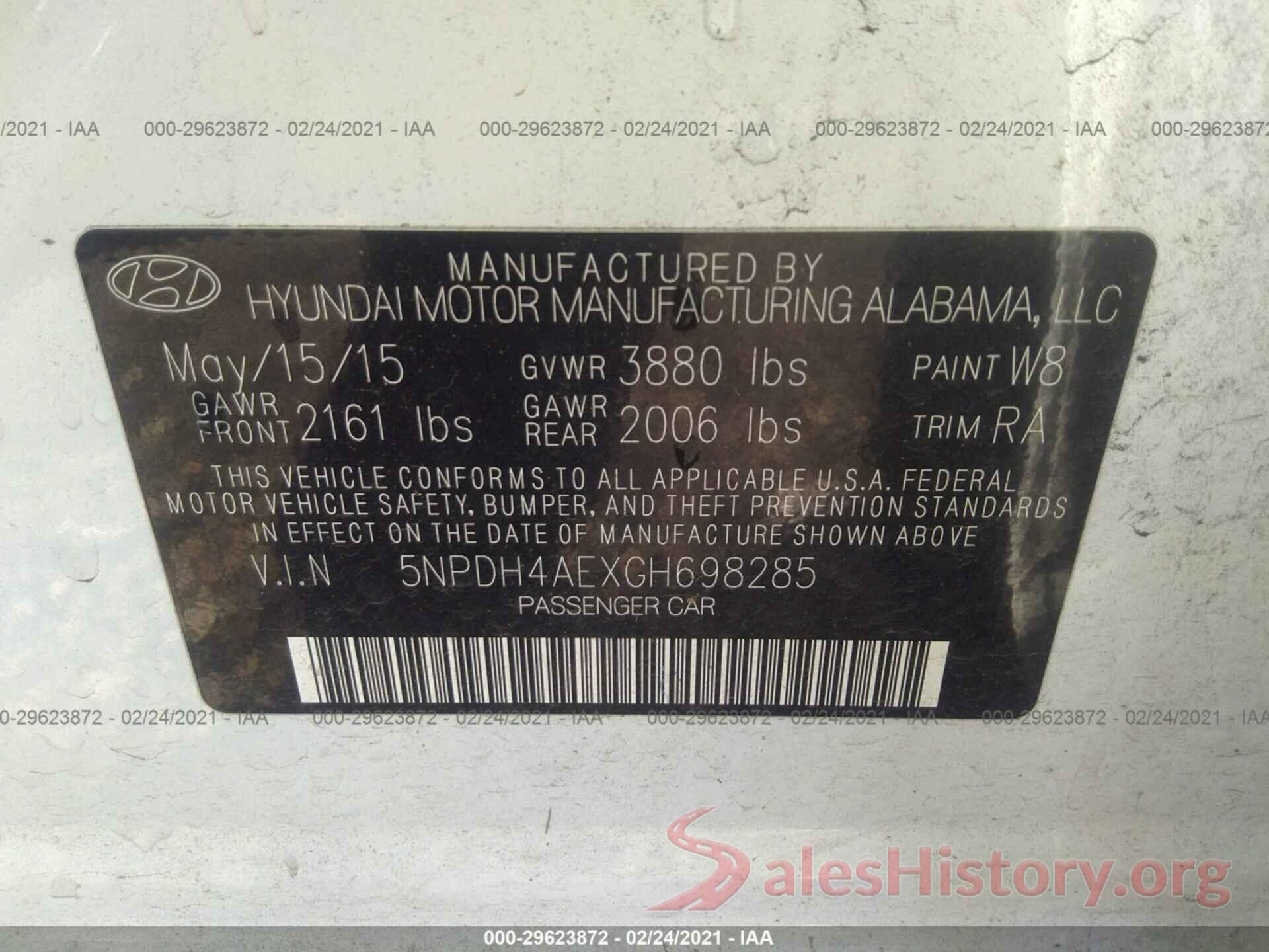 5NPDH4AEXGH698285 2016 HYUNDAI ELANTRA