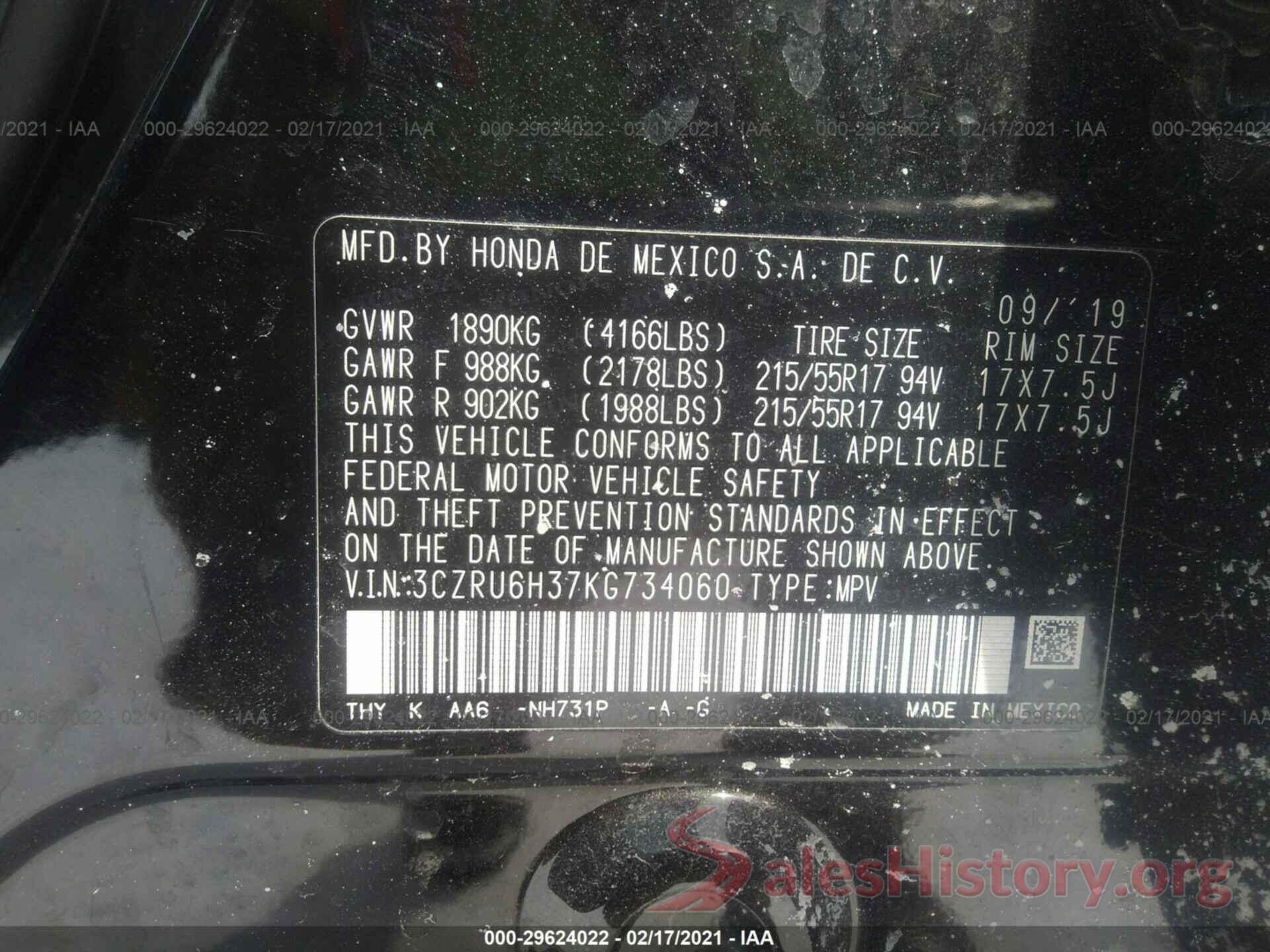 3CZRU6H37KG734060 2019 HONDA HR-V