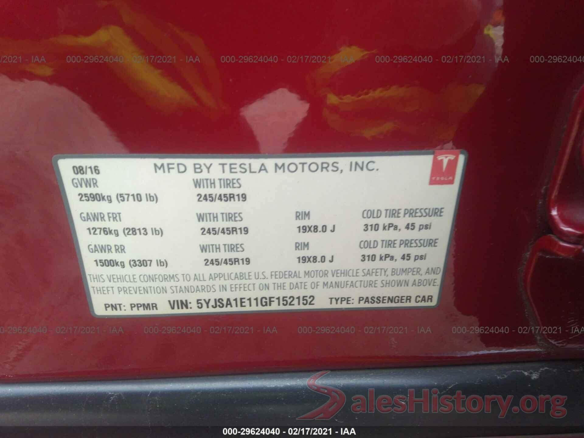 5YJSA1E11GF152152 2016 TESLA MODEL S