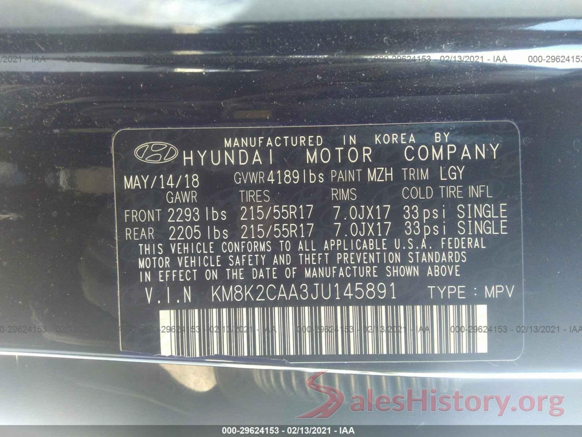 KM8K2CAA3JU145891 2018 HYUNDAI KONA