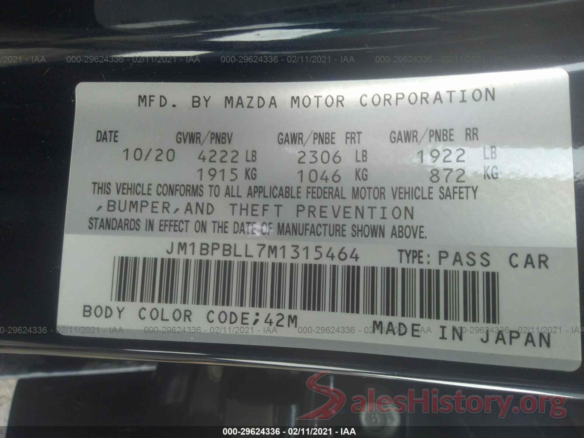 JM1BPBLL7M1315464 2021 MAZDA MAZDA3 HATCHBACK