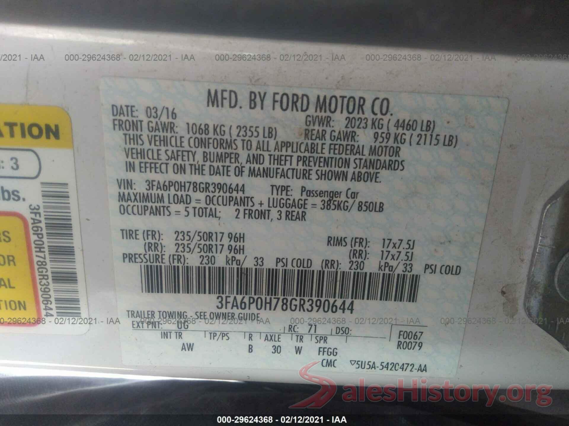 3FA6P0H78GR390644 2016 FORD FUSION