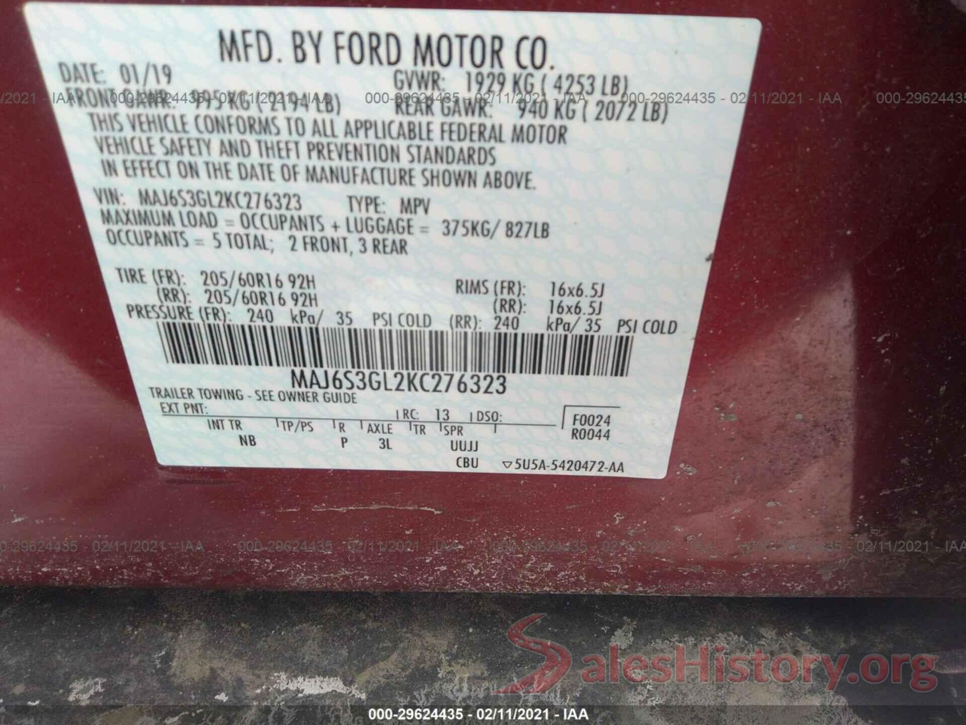 MAJ6S3GL2KC276323 2019 FORD ECOSPORT