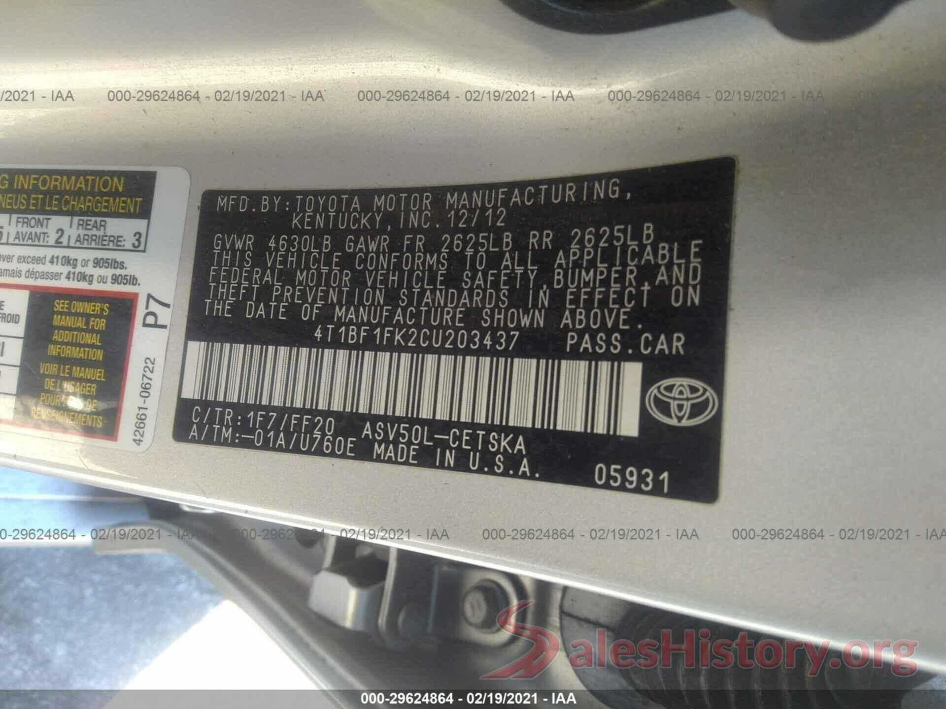 4T1BF1FK2CU203437 2012 TOYOTA CAMRY