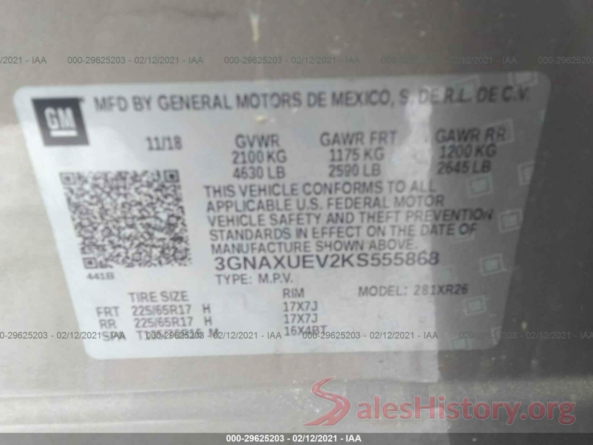 3GNAXUEV2KS555868 2019 CHEVROLET EQUINOX