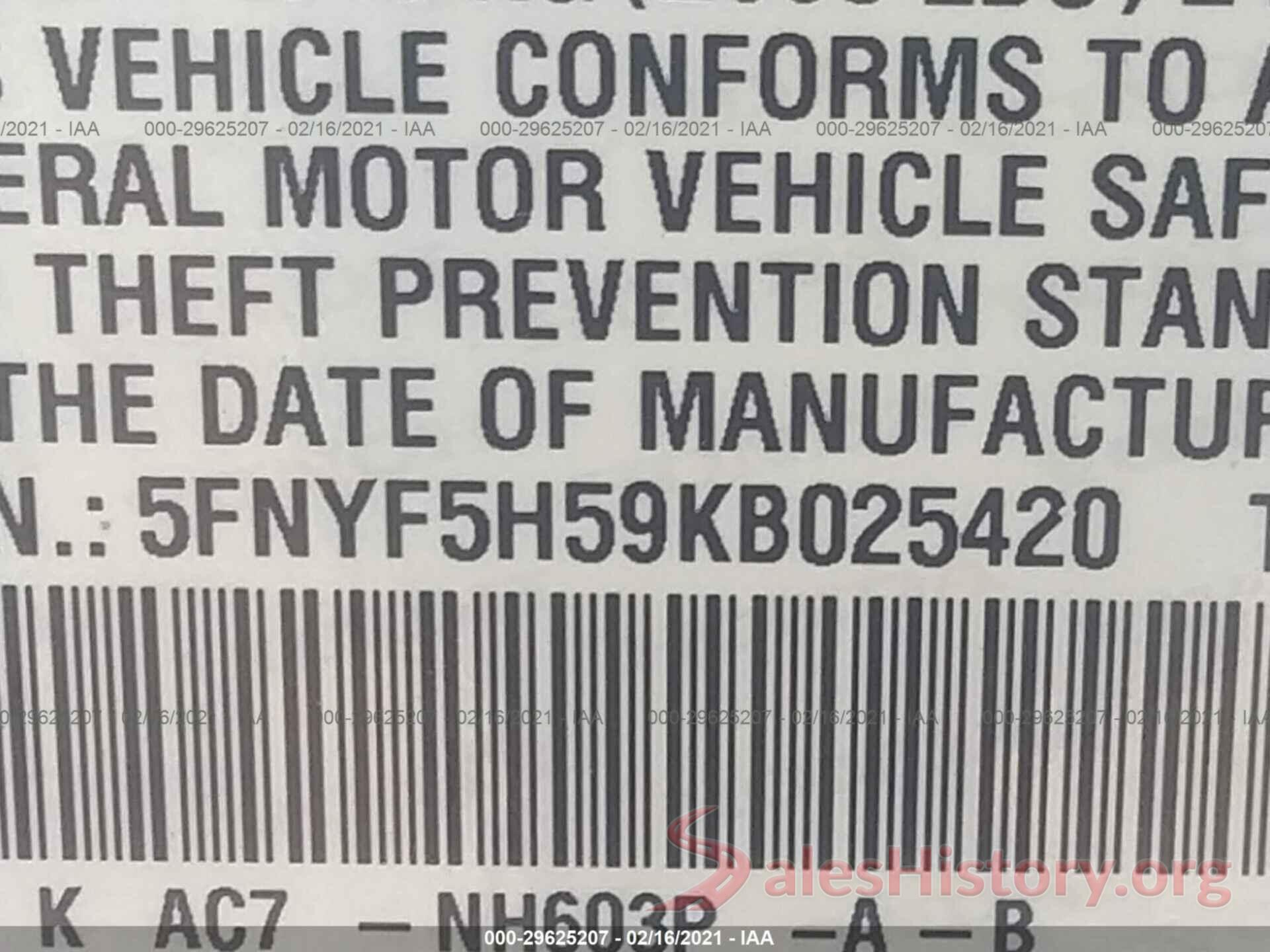 5FNYF5H59KB025420 2019 HONDA PILOT