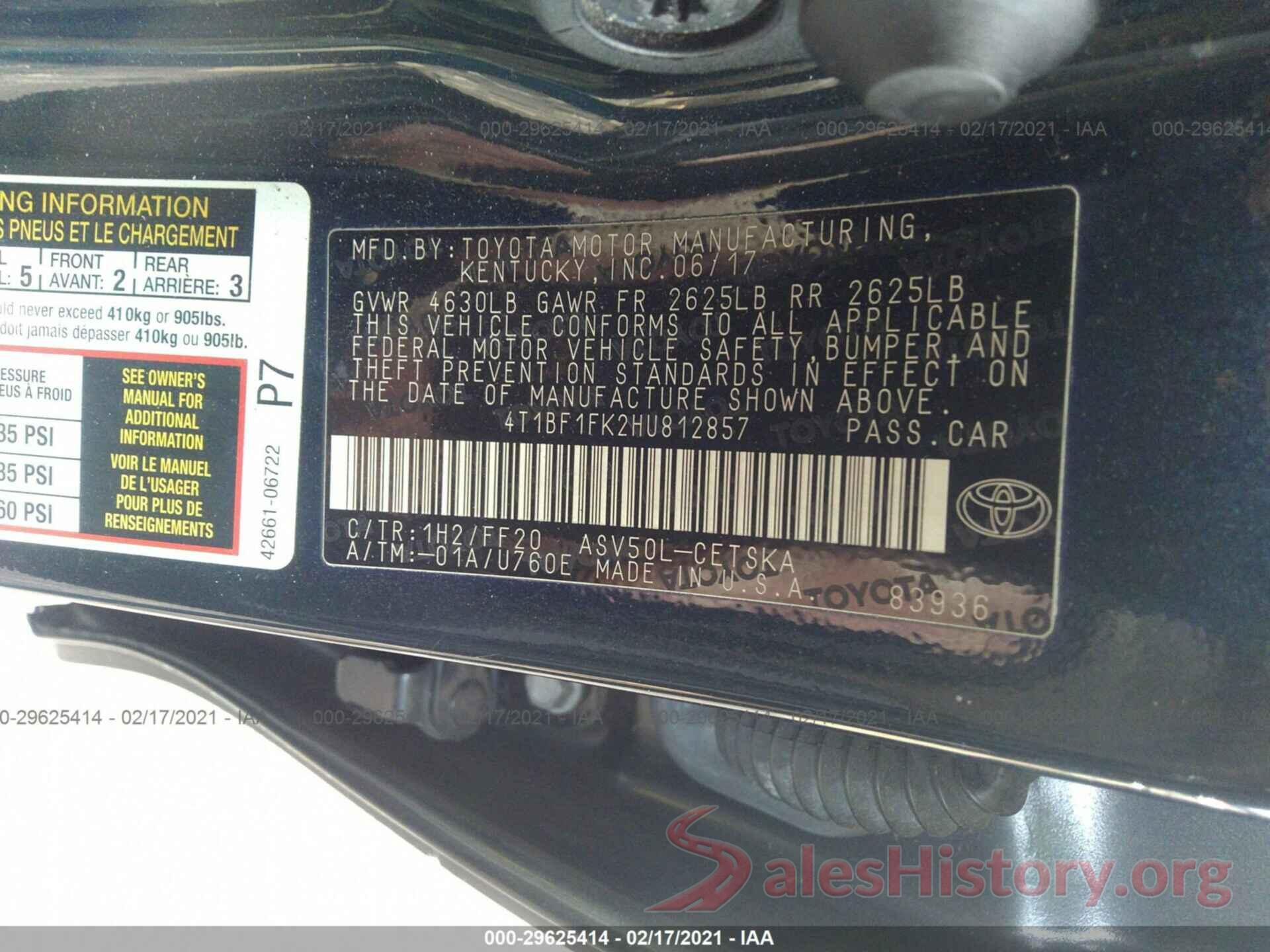 4T1BF1FK2HU812857 2017 TOYOTA CAMRY