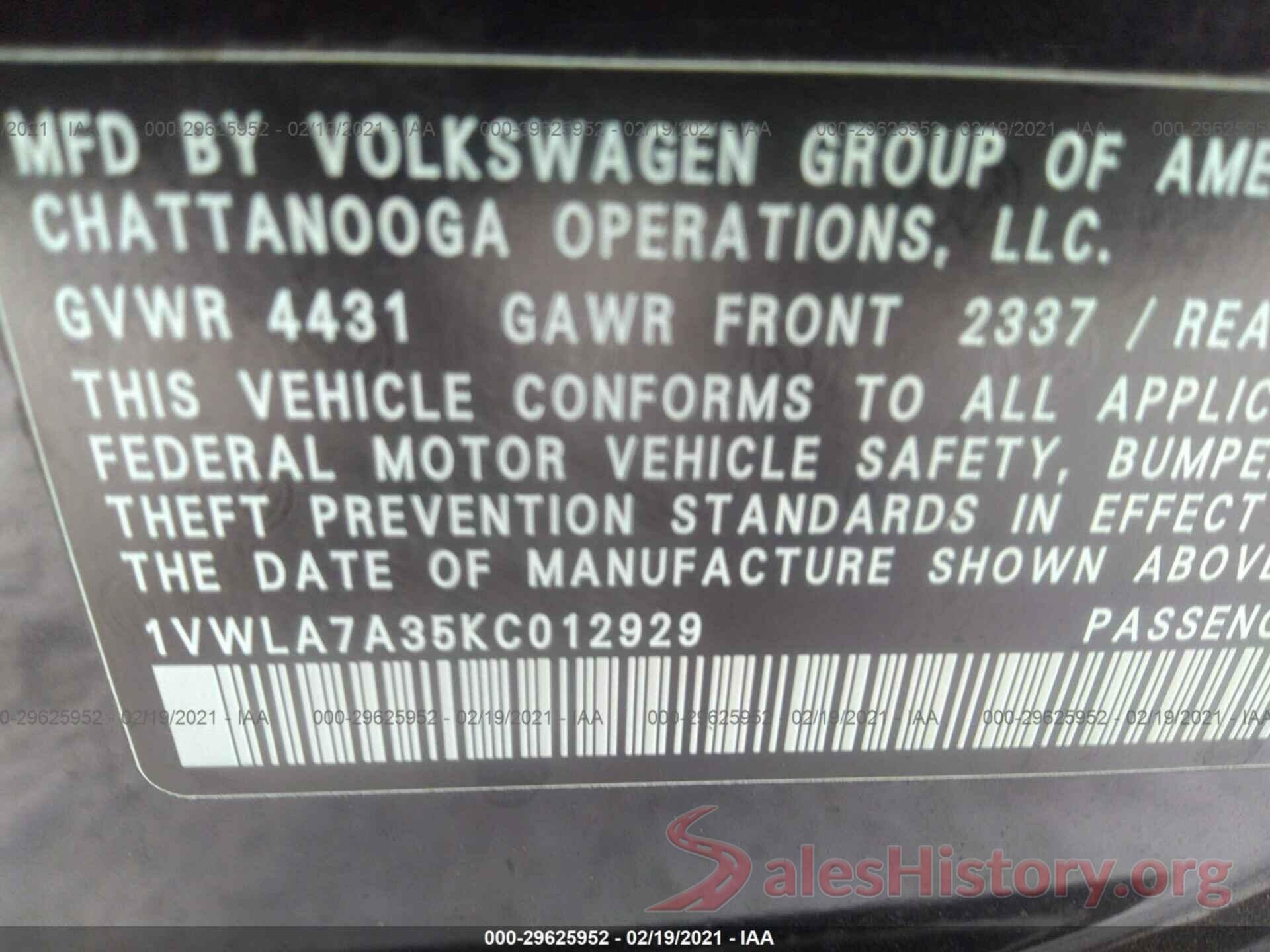 1VWLA7A35KC012929 2019 VOLKSWAGEN PASSAT