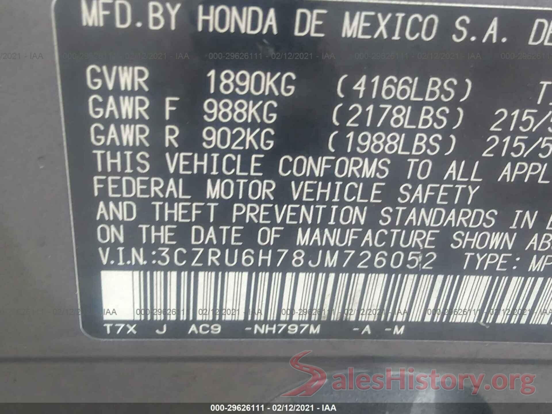 3CZRU6H78JM726052 2018 HONDA HR-V