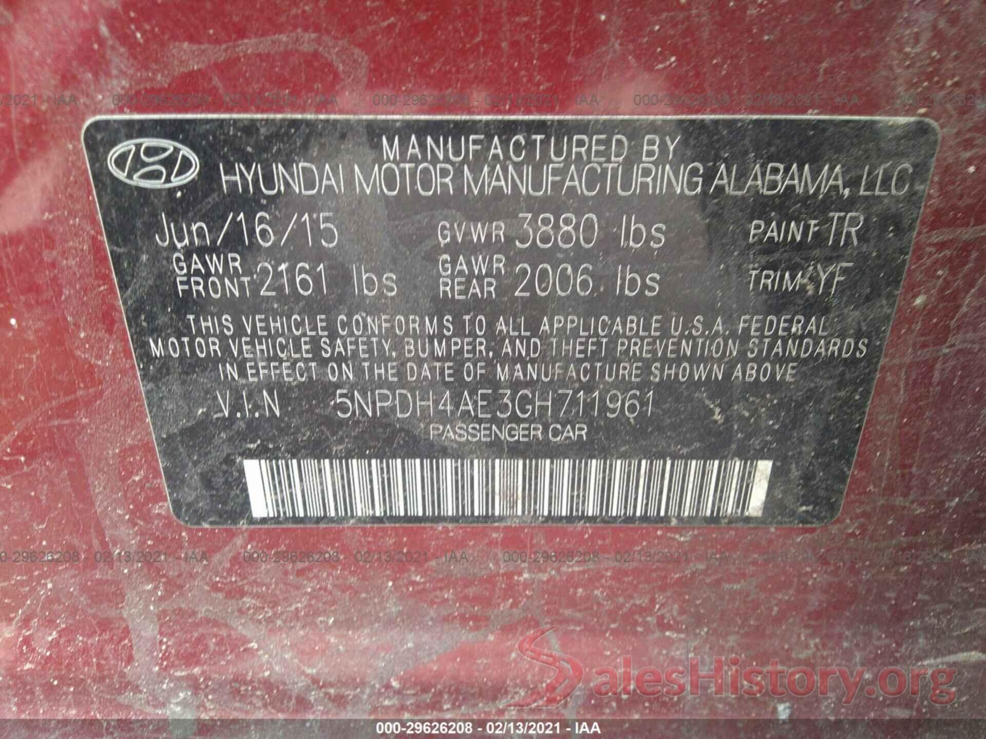 5NPDH4AE3GH711961 2016 HYUNDAI ELANTRA