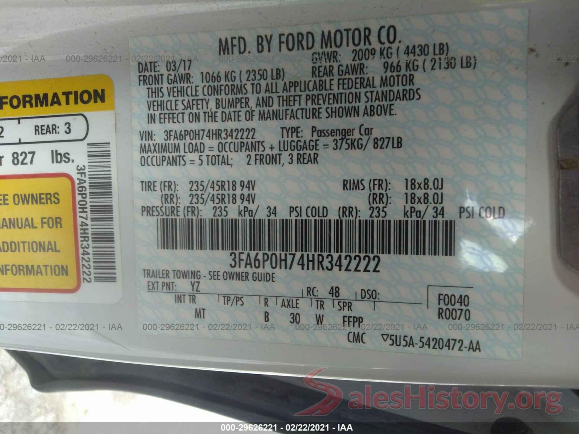 3FA6P0H74HR342222 2017 FORD FUSION