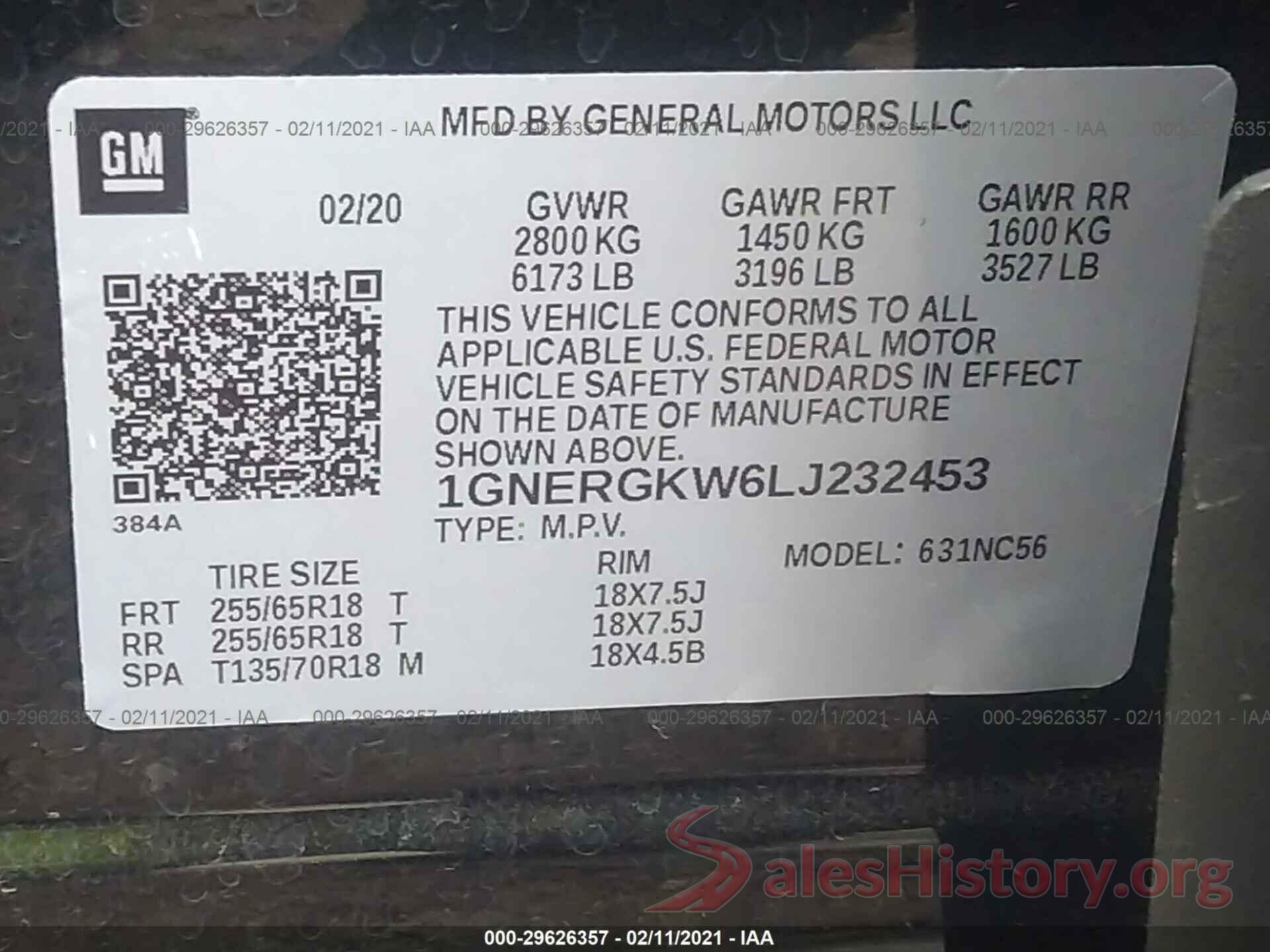 1GNERGKW6LJ232453 2020 CHEVROLET TRAVERSE