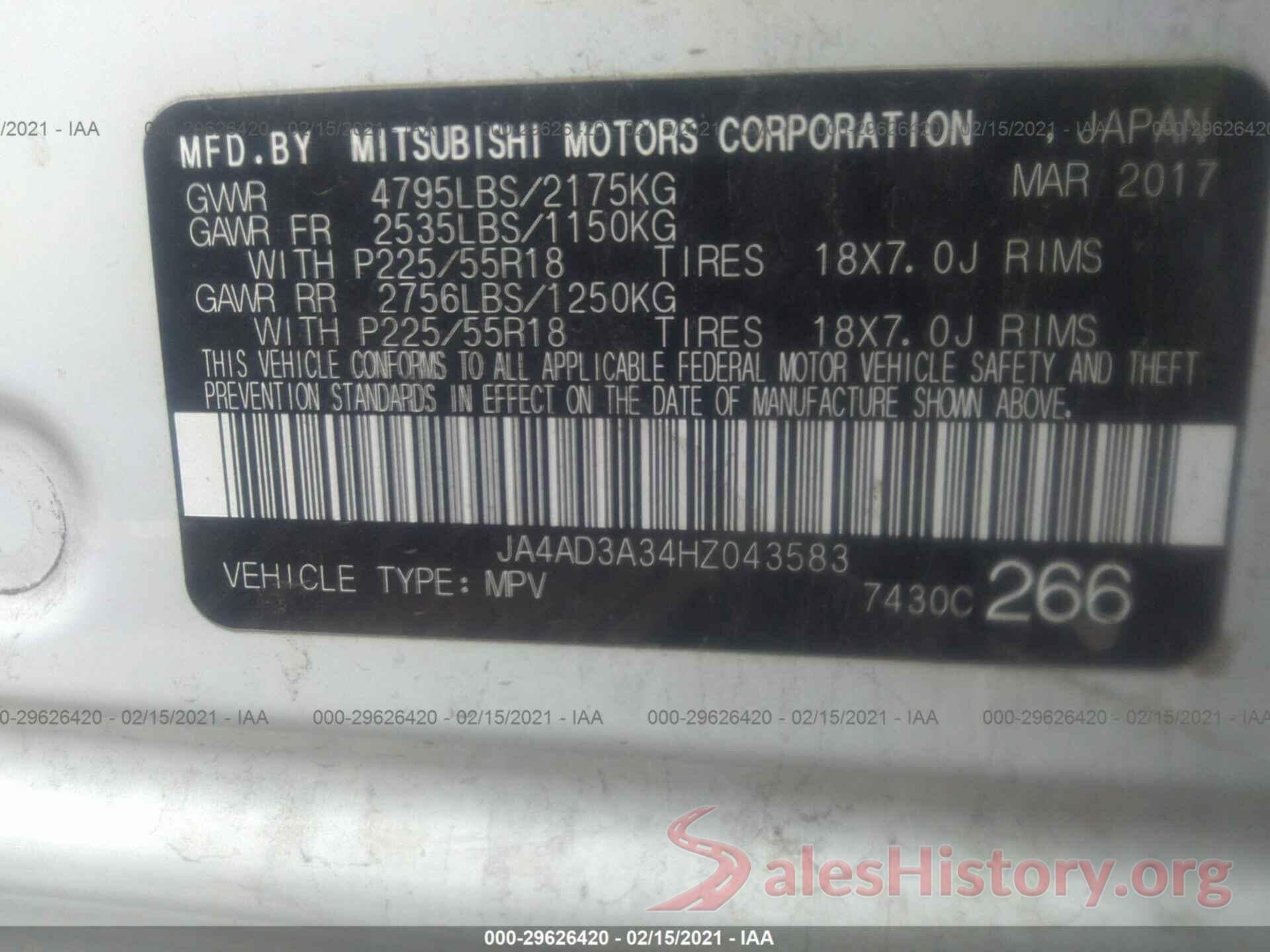 JA4AD3A34HZ043583 2017 MITSUBISHI OUTLANDER