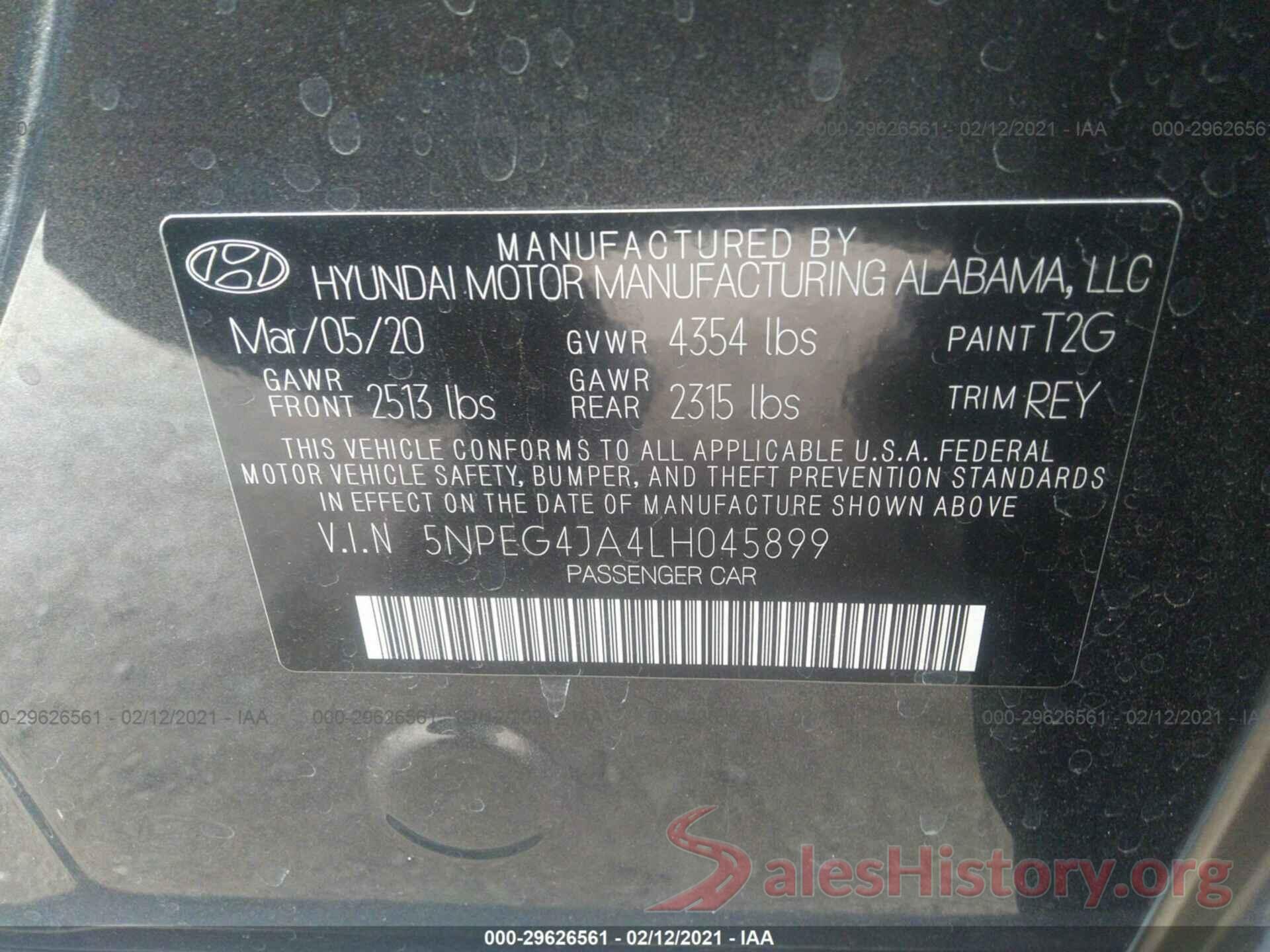 5NPEG4JA4LH045899 2020 HYUNDAI SONATA