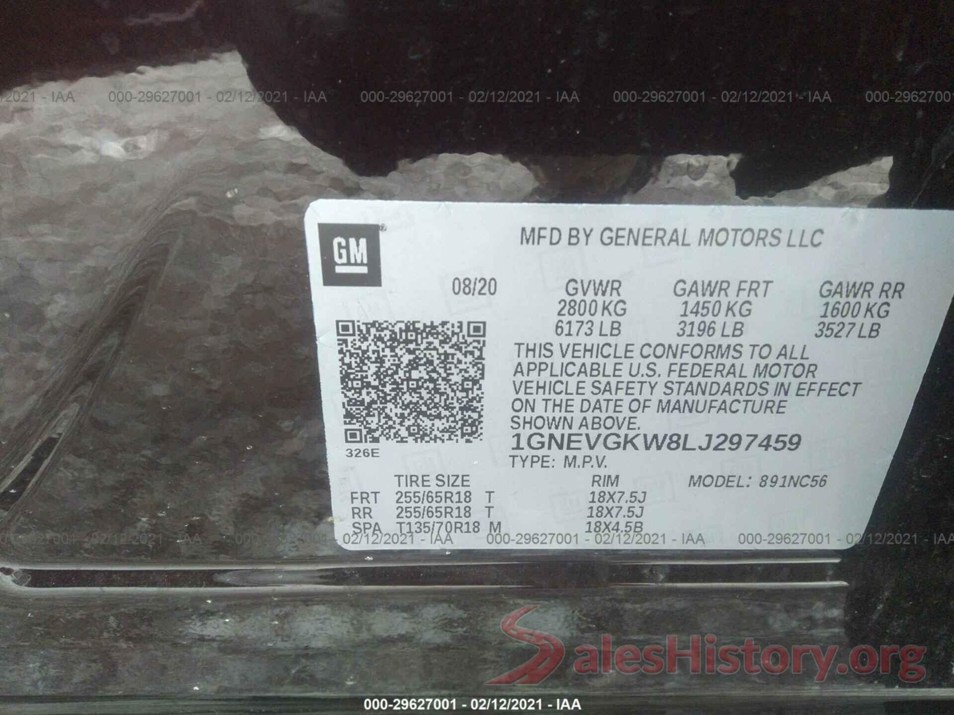 1GNEVGKW8LJ297459 2020 CHEVROLET TRAVERSE