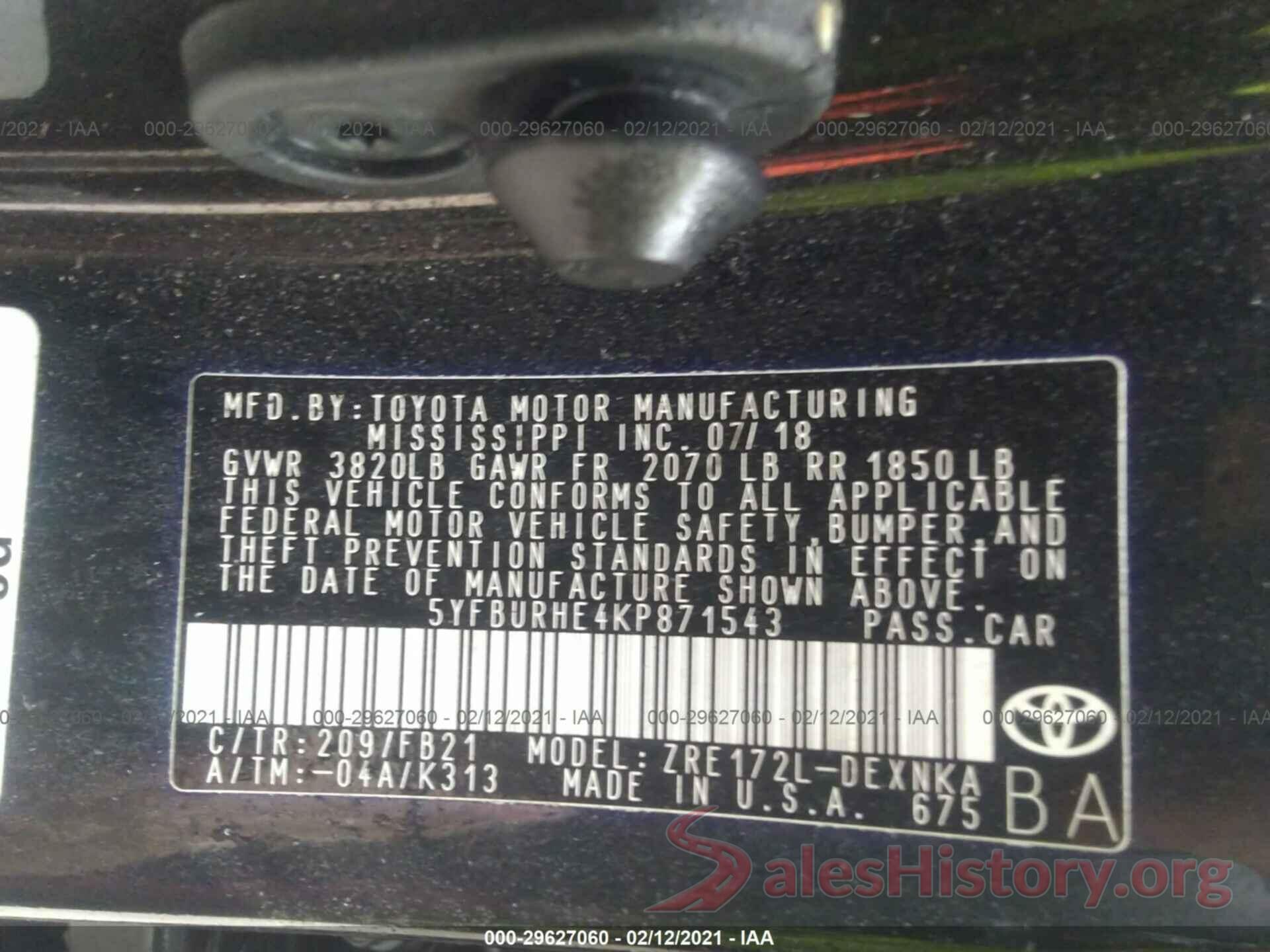 5YFBURHE4KP871543 2019 TOYOTA COROLLA