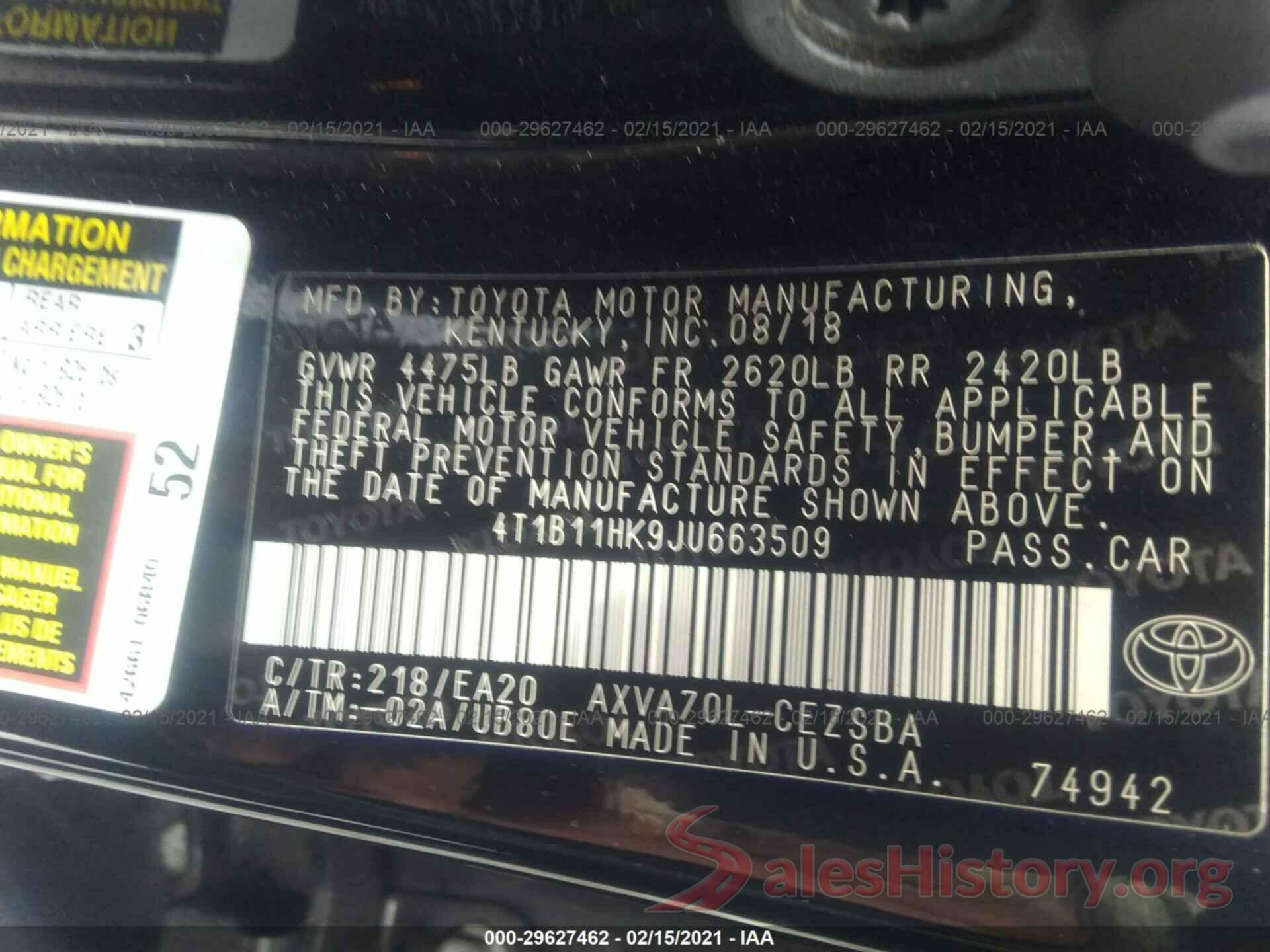 4T1B11HK9JU663509 2018 TOYOTA CAMRY