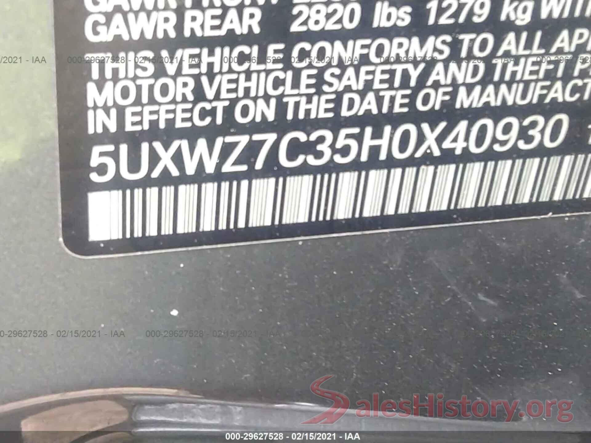 5UXWZ7C35H0X40930 2017 BMW X3