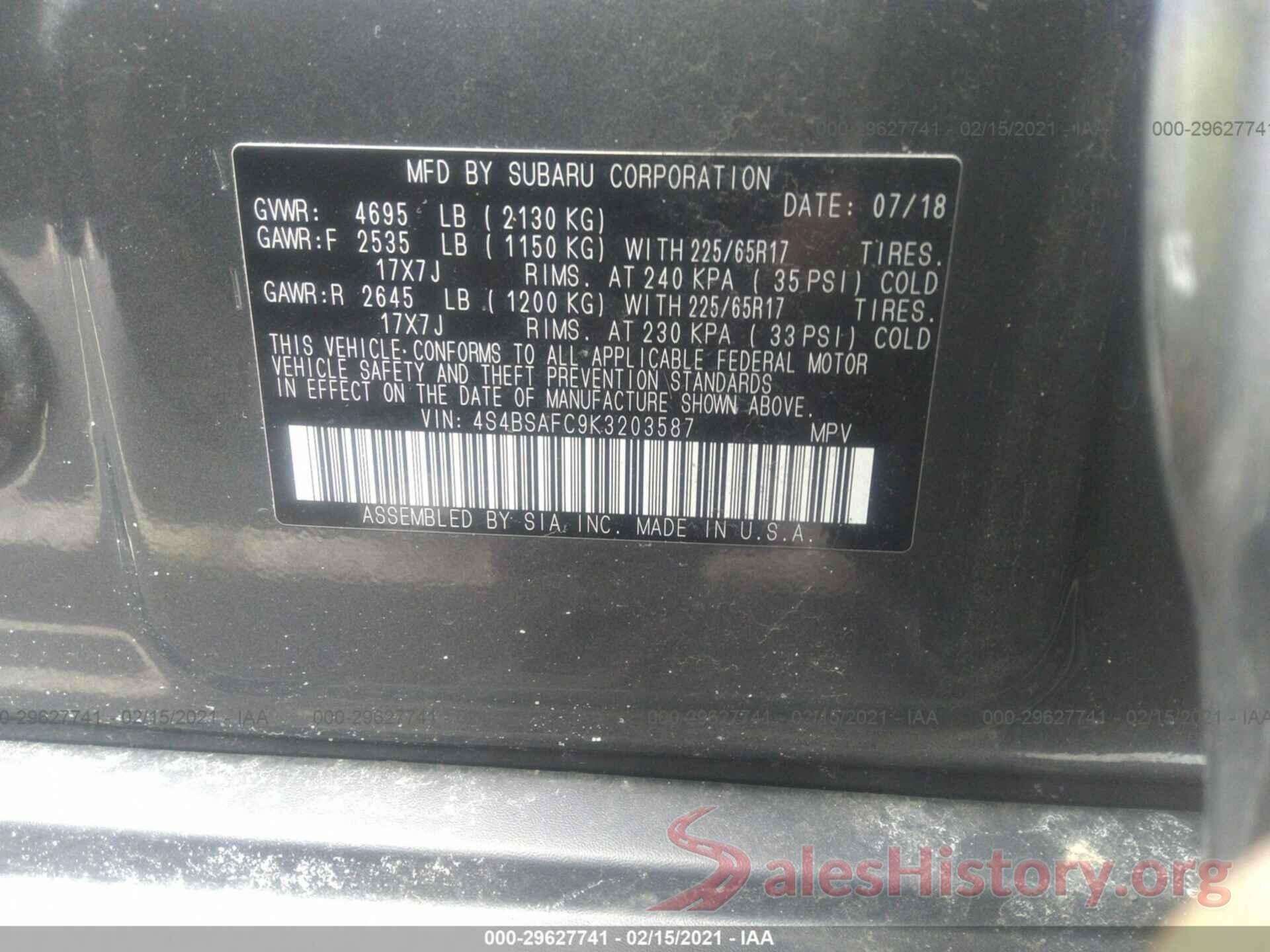 4S4BSAFC9K3203587 2019 SUBARU OUTBACK