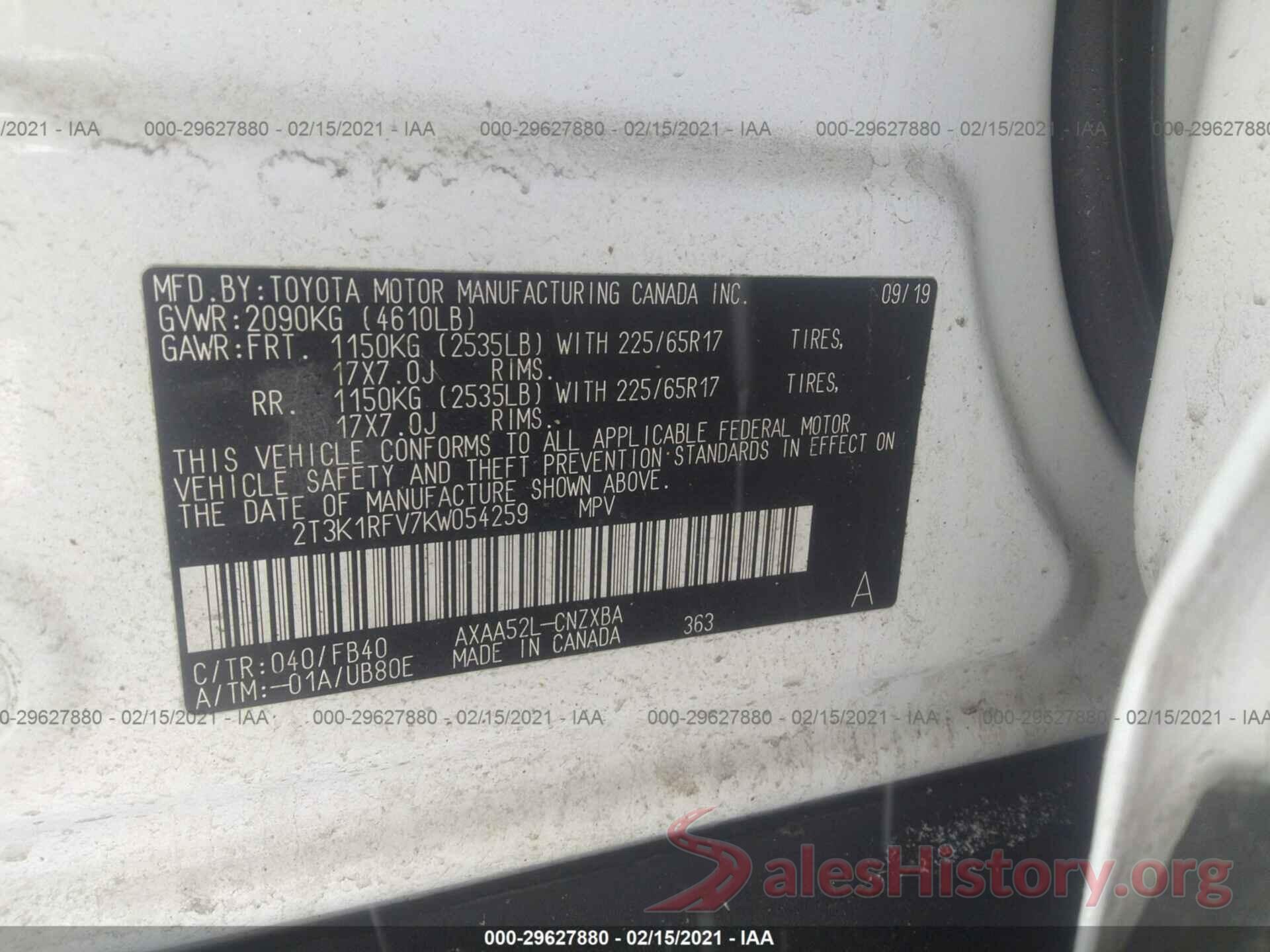 2T3K1RFV7KW054259 2019 TOYOTA RAV4