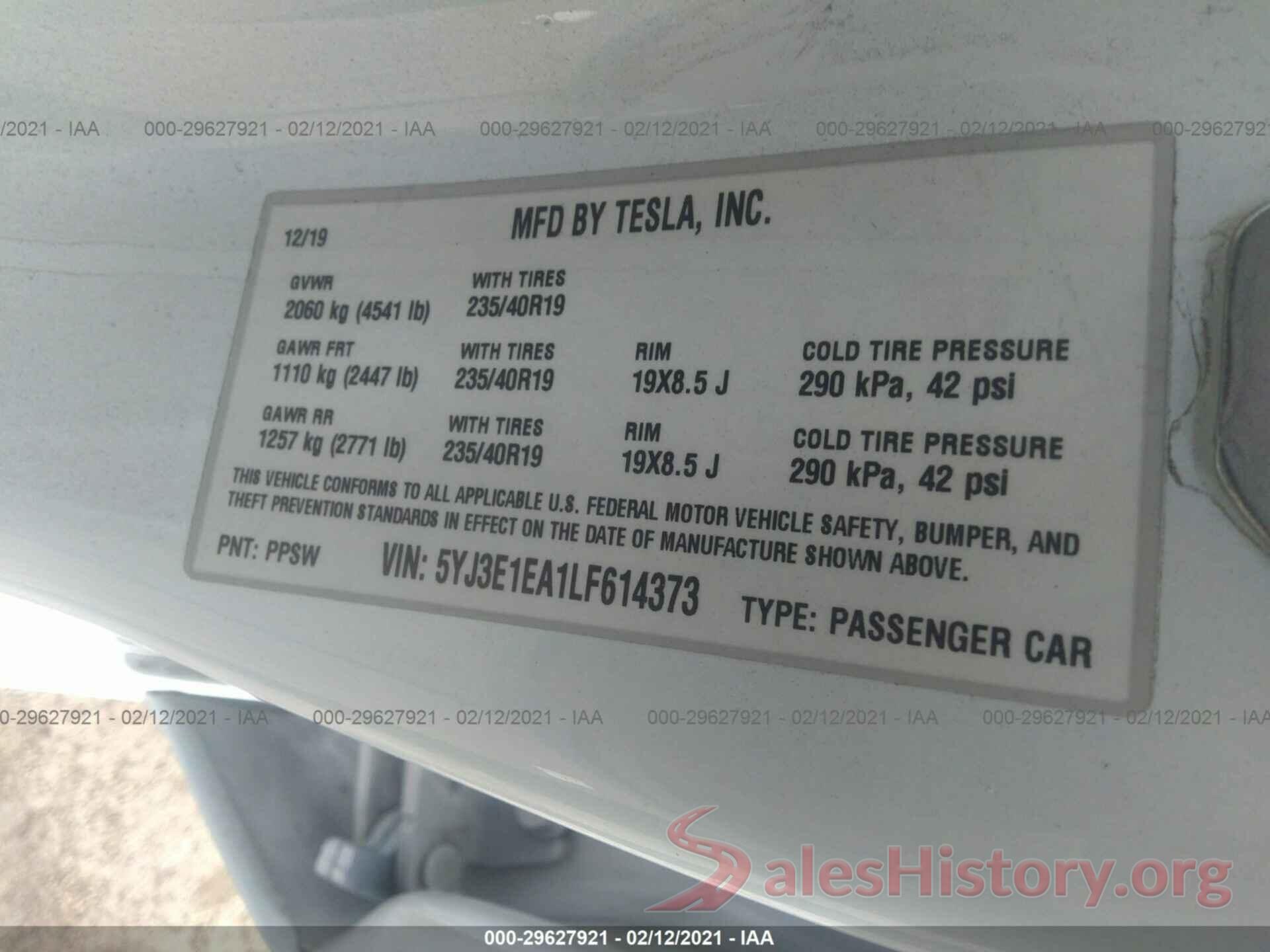 5YJ3E1EA1LF614373 2020 TESLA MODEL 3