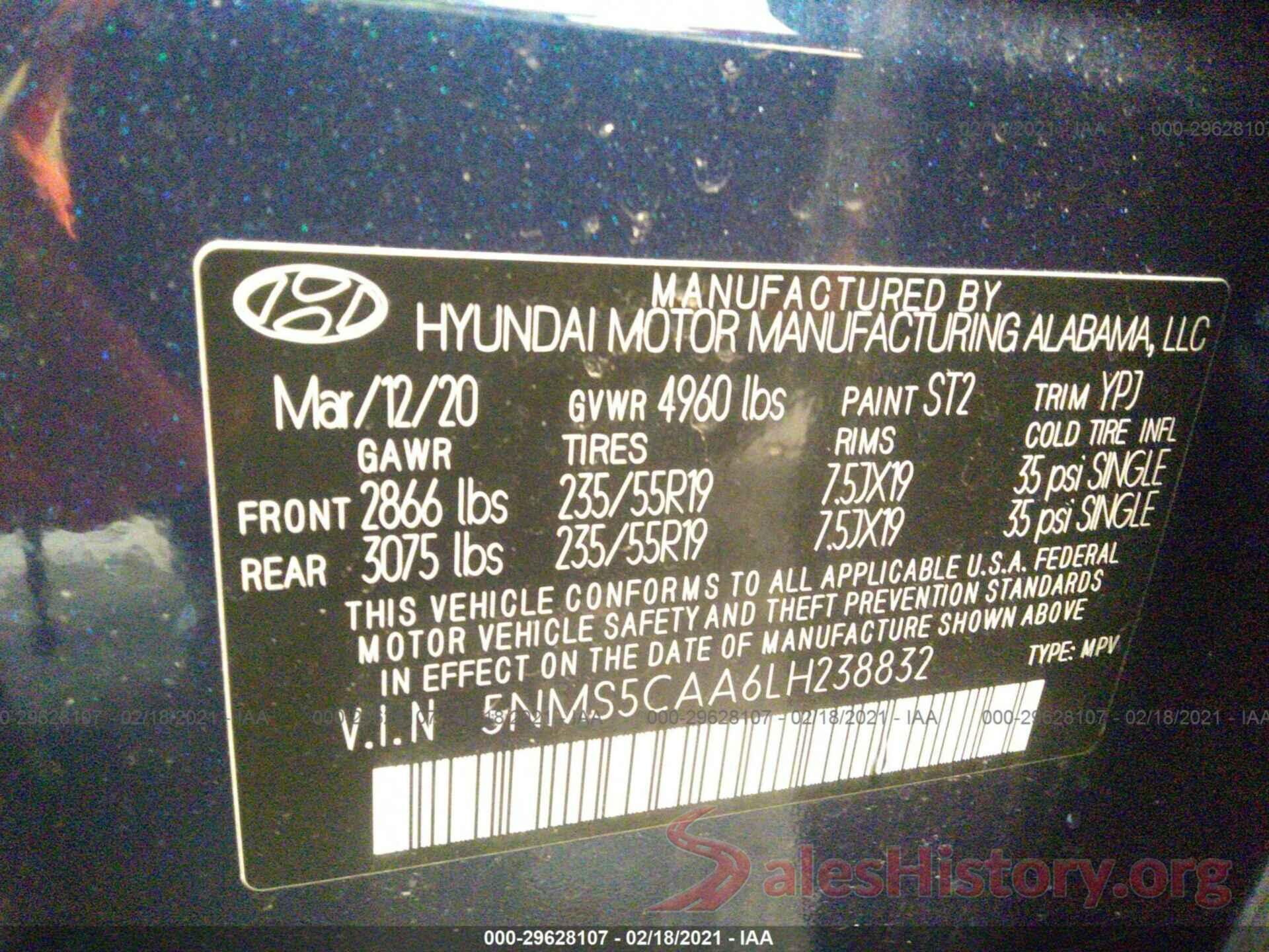 5NMS5CAA6LH238832 2020 HYUNDAI SANTA FE