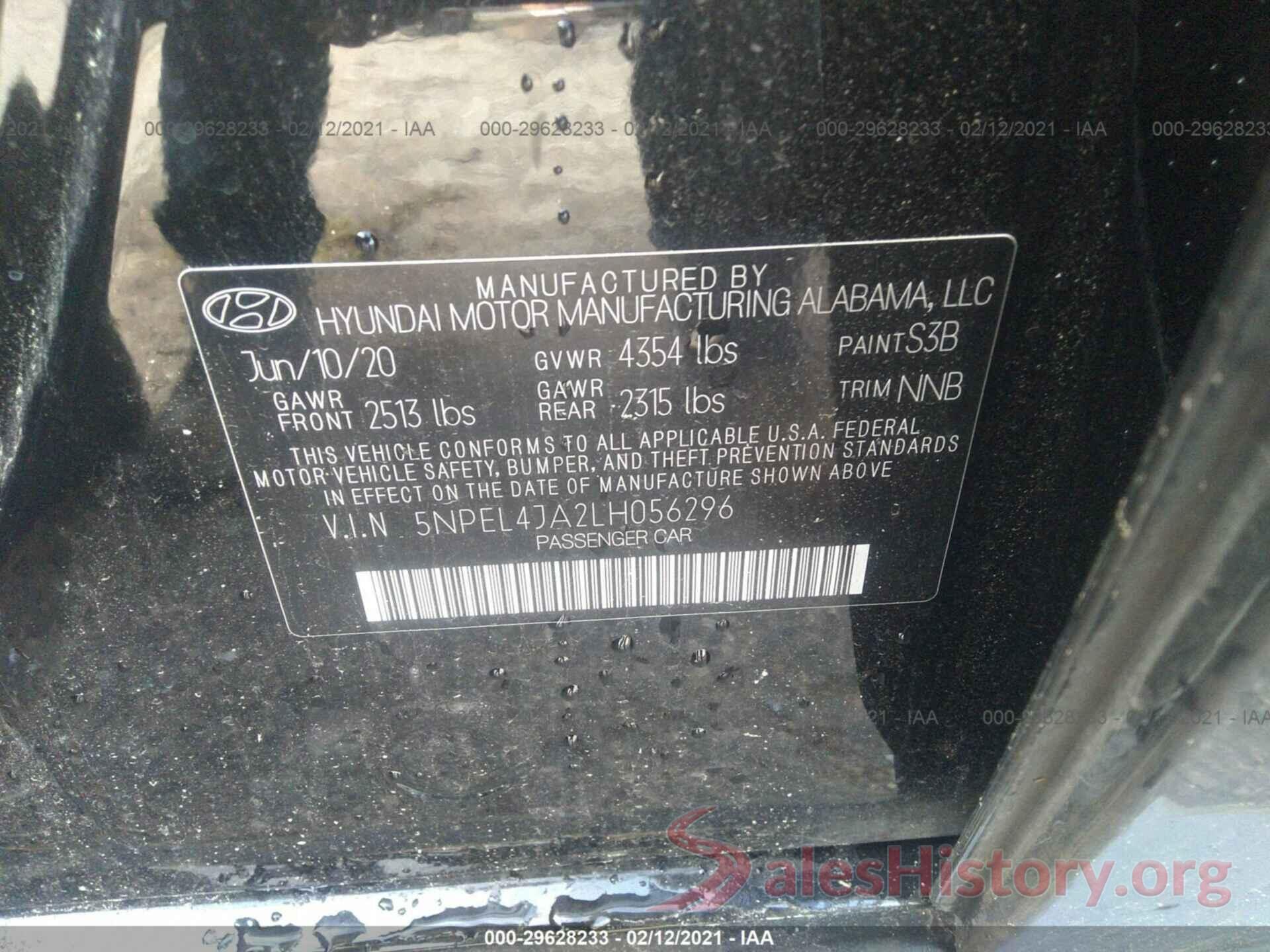 5NPEL4JA2LH056296 2020 HYUNDAI SONATA