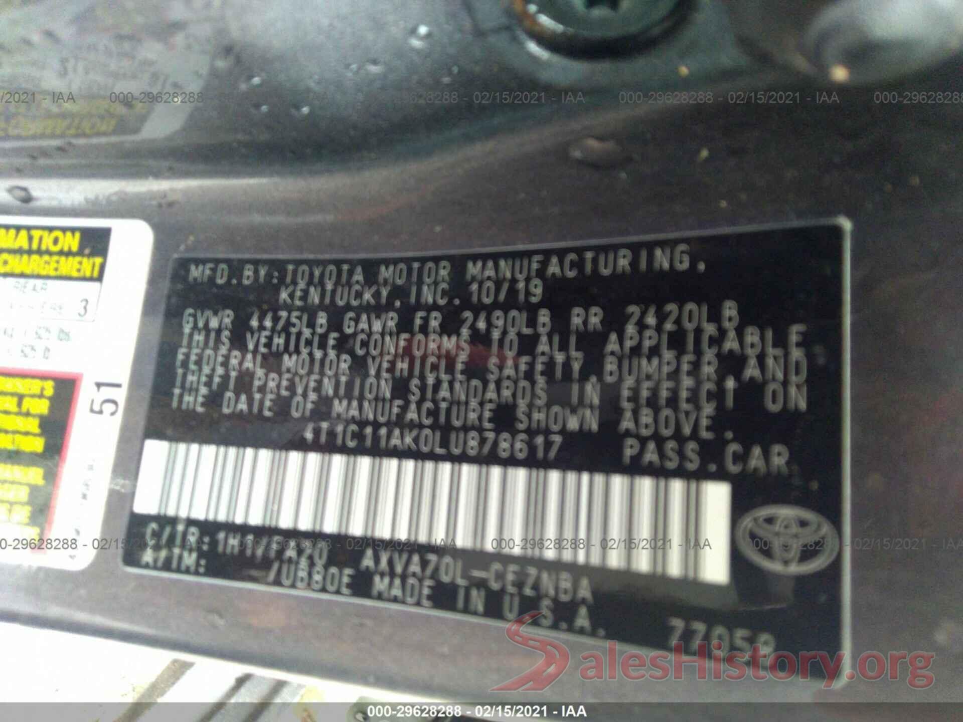 4T1C11AK0LU878617 2020 TOYOTA CAMRY