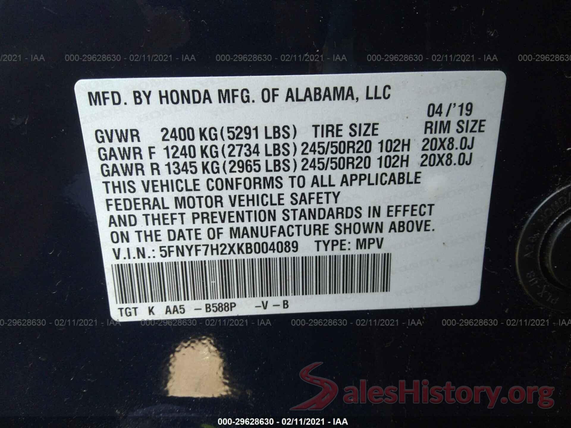 5FNYF7H2XKB004089 2019 HONDA PASSPORT