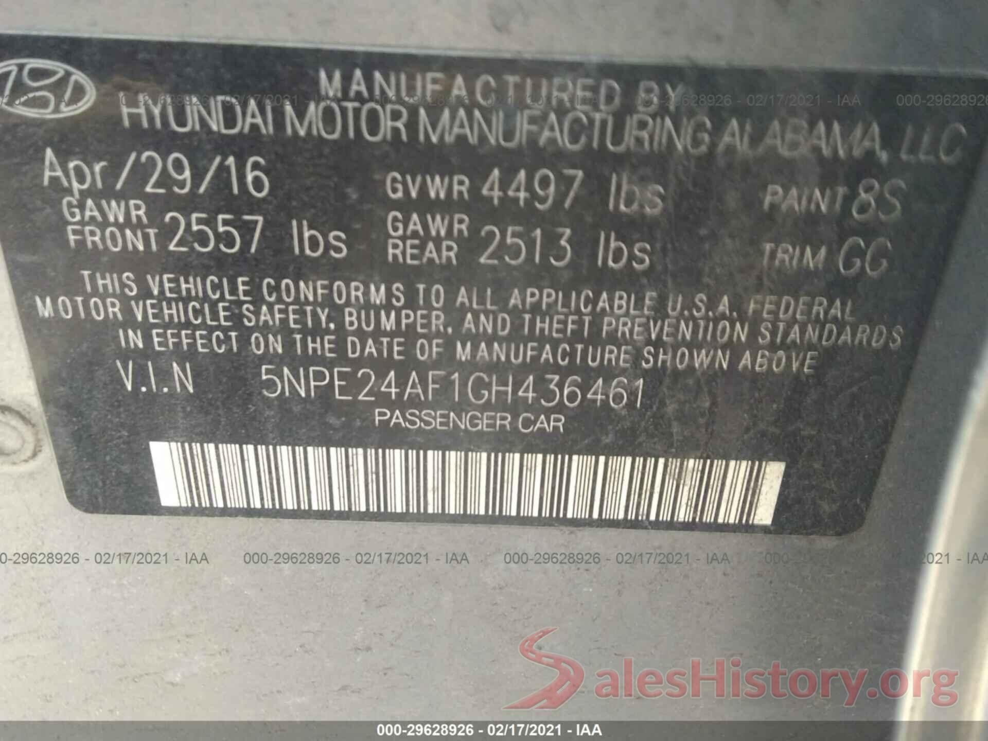 5NPE24AF1GH436461 2016 HYUNDAI SONATA