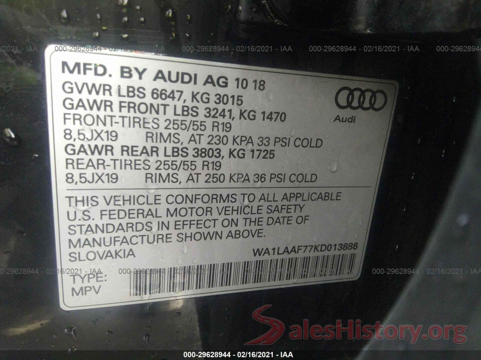 WA1LAAF77KD013886 2019 AUDI Q7