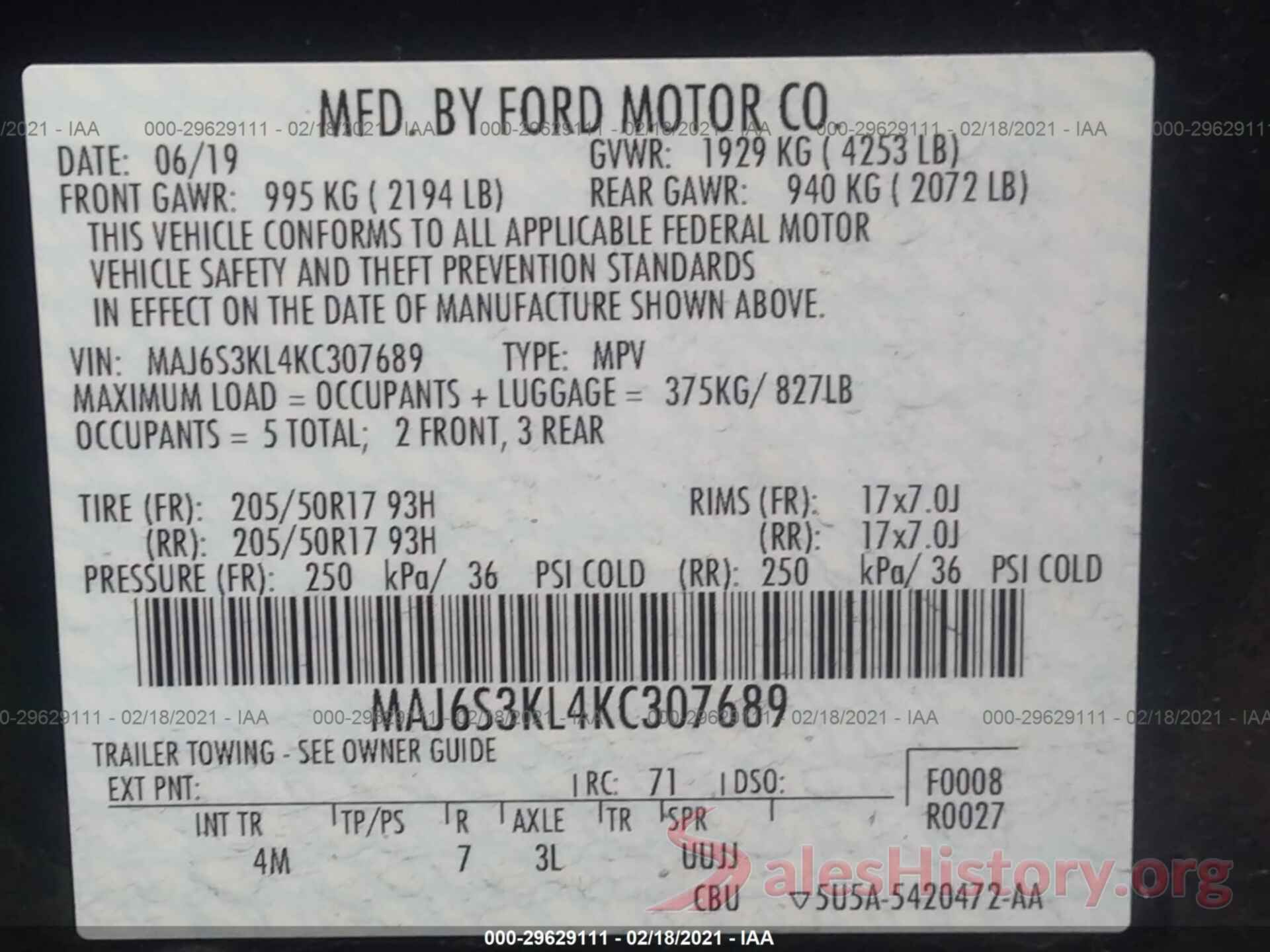 MAJ6S3KL4KC307689 2019 FORD ECOSPORT