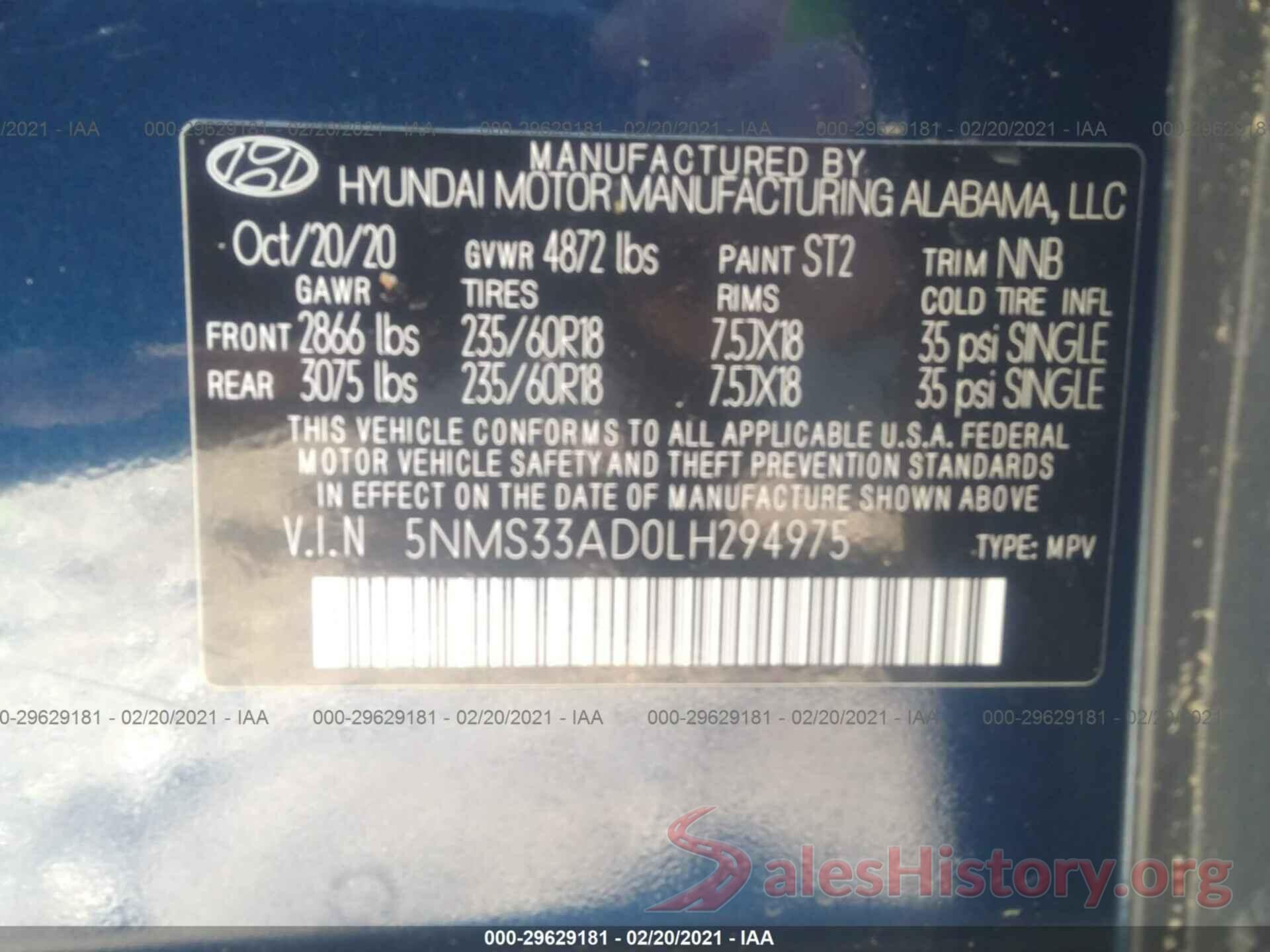 5NMS33AD0LH294975 2020 HYUNDAI SANTA FE