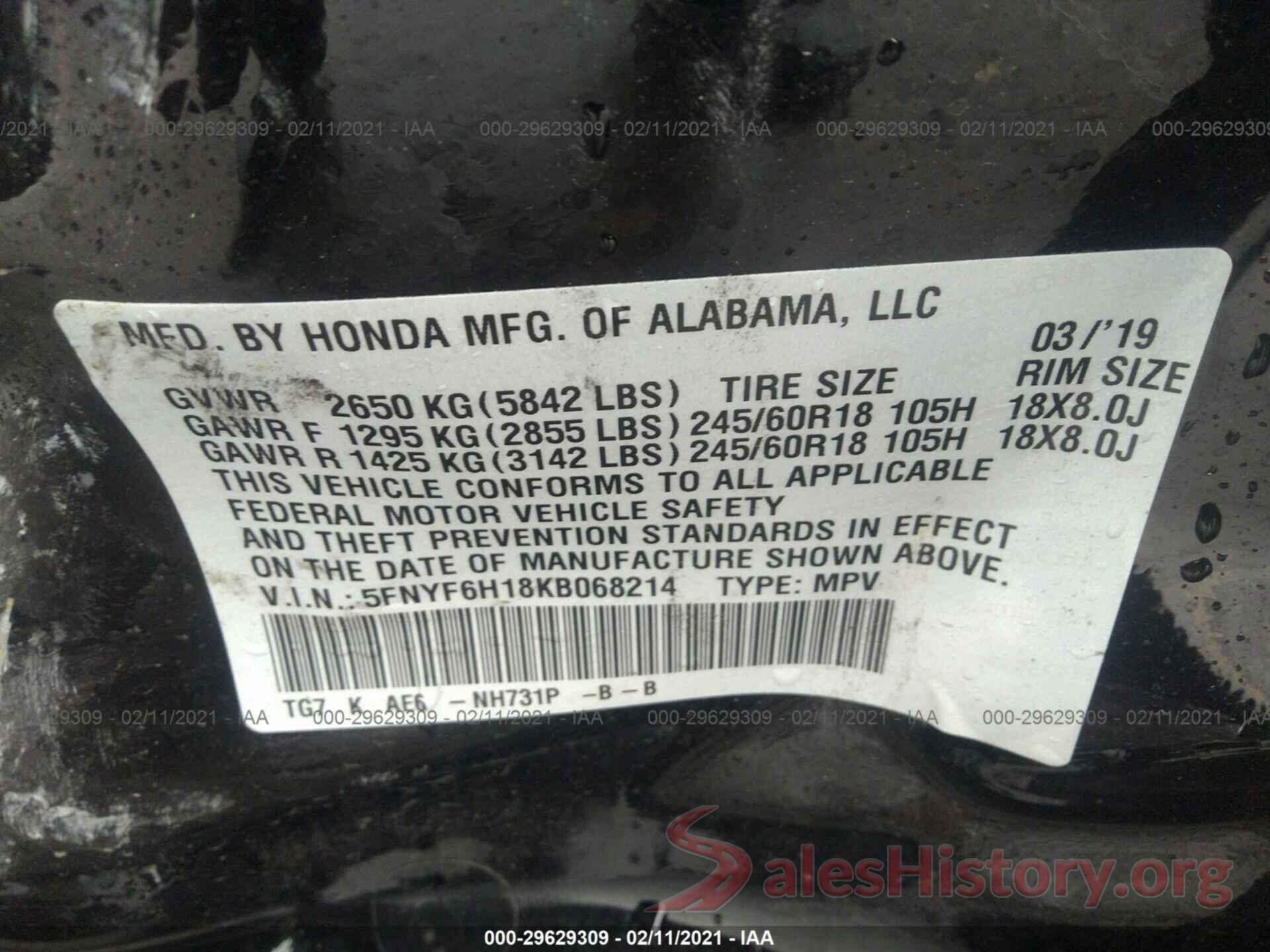 5FNYF6H18KB068214 2019 HONDA PILOT