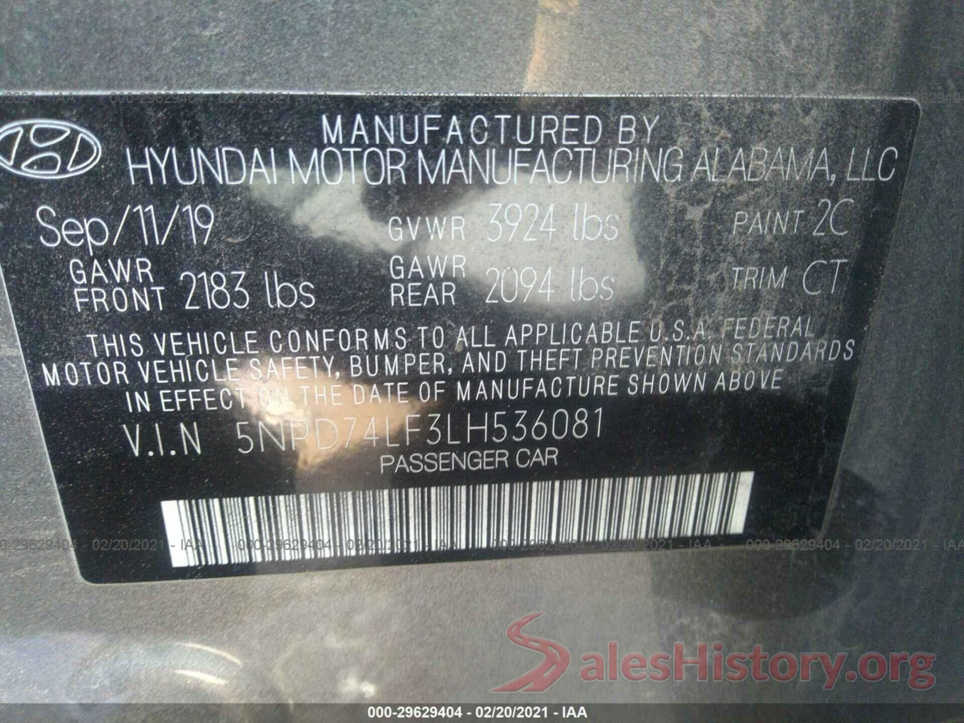 5NPD74LF3LH536081 2020 HYUNDAI ELANTRA