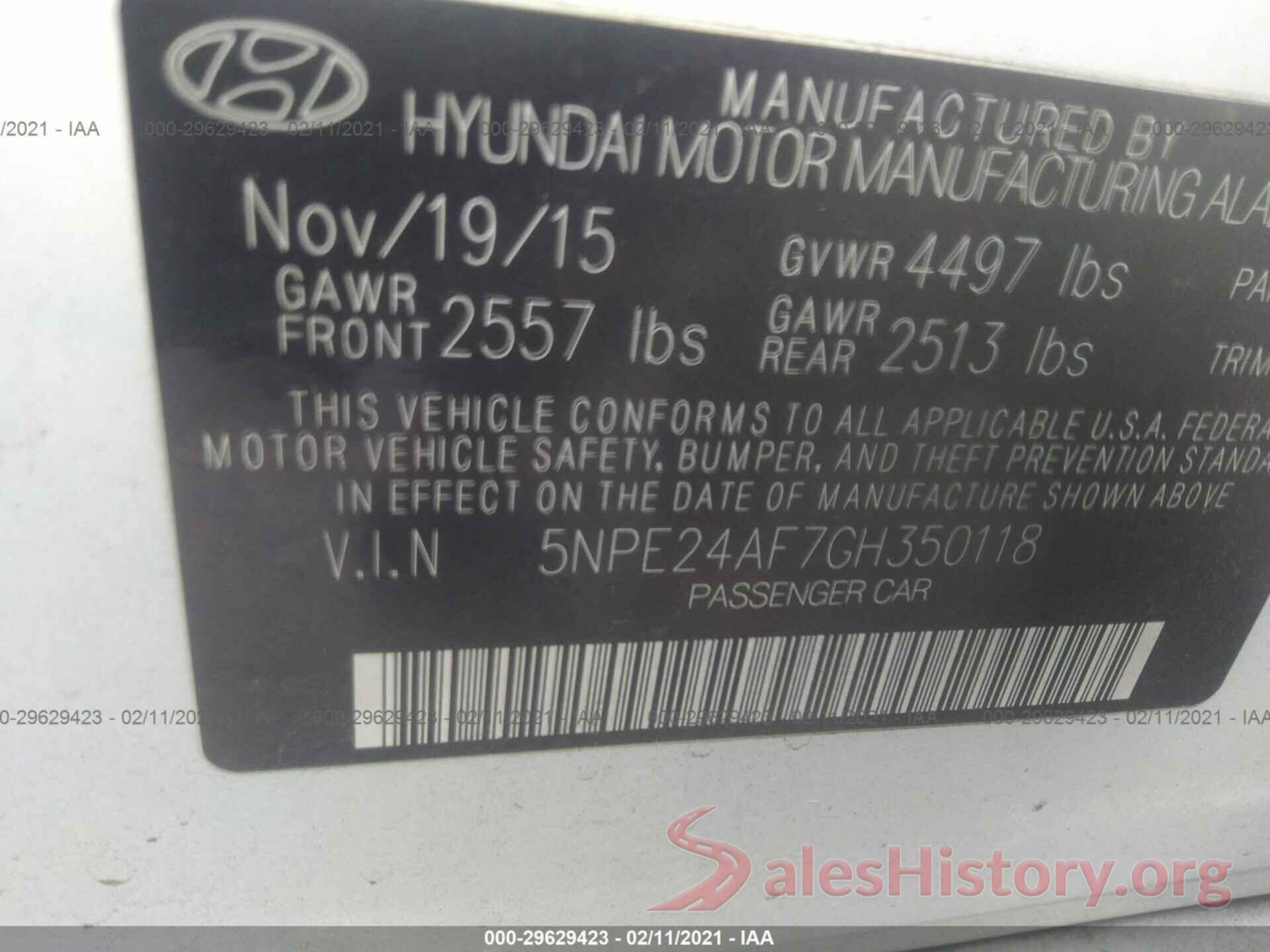 5NPE24AF7GH350118 2016 HYUNDAI SONATA