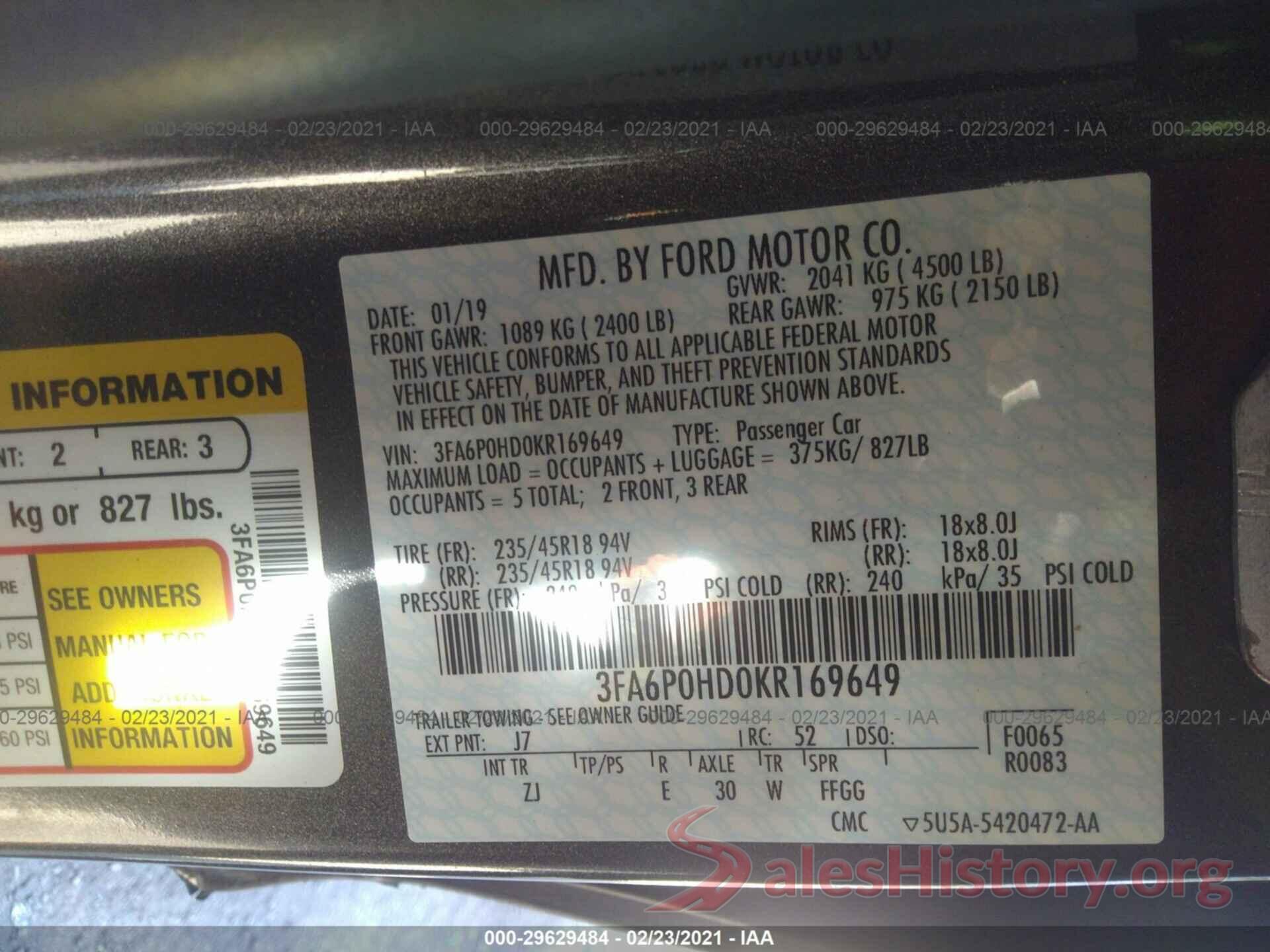 3FA6P0HD0KR169649 2019 FORD FUSION