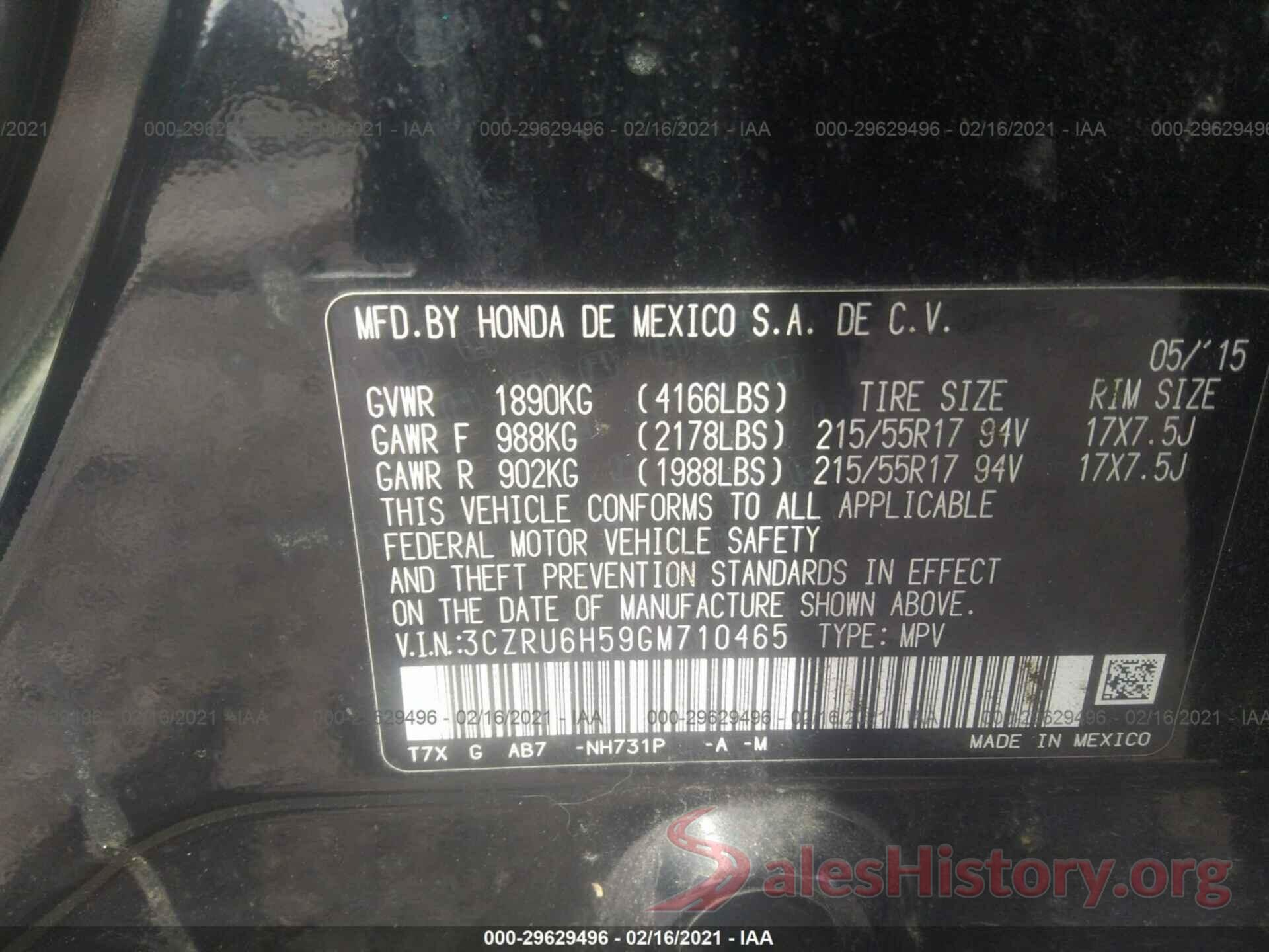 3CZRU6H59GM710465 2016 HONDA HR-V