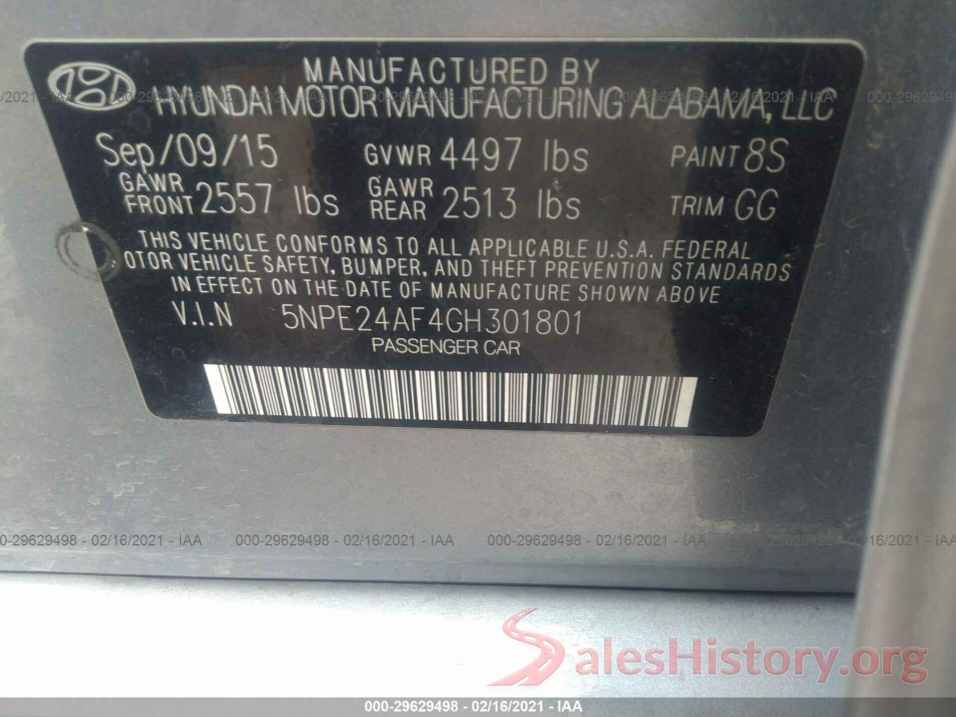 5NPE24AF4GH301801 2016 HYUNDAI SONATA